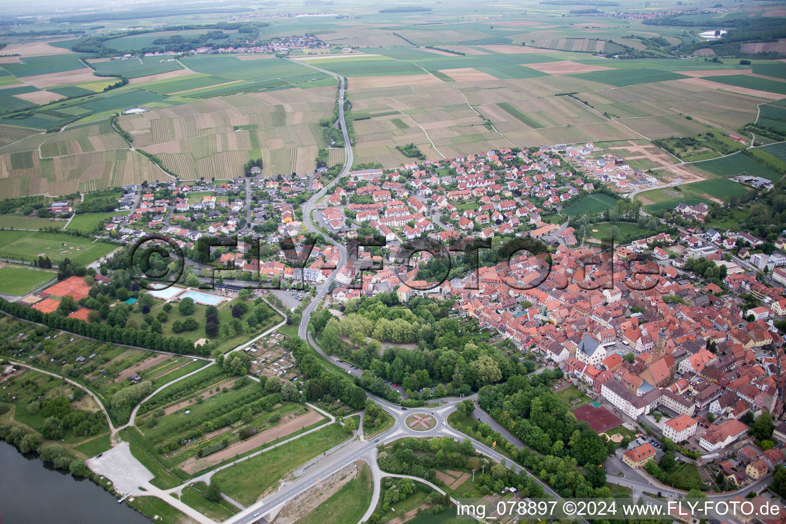 Volkach in the state Bavaria, Germany seen from above