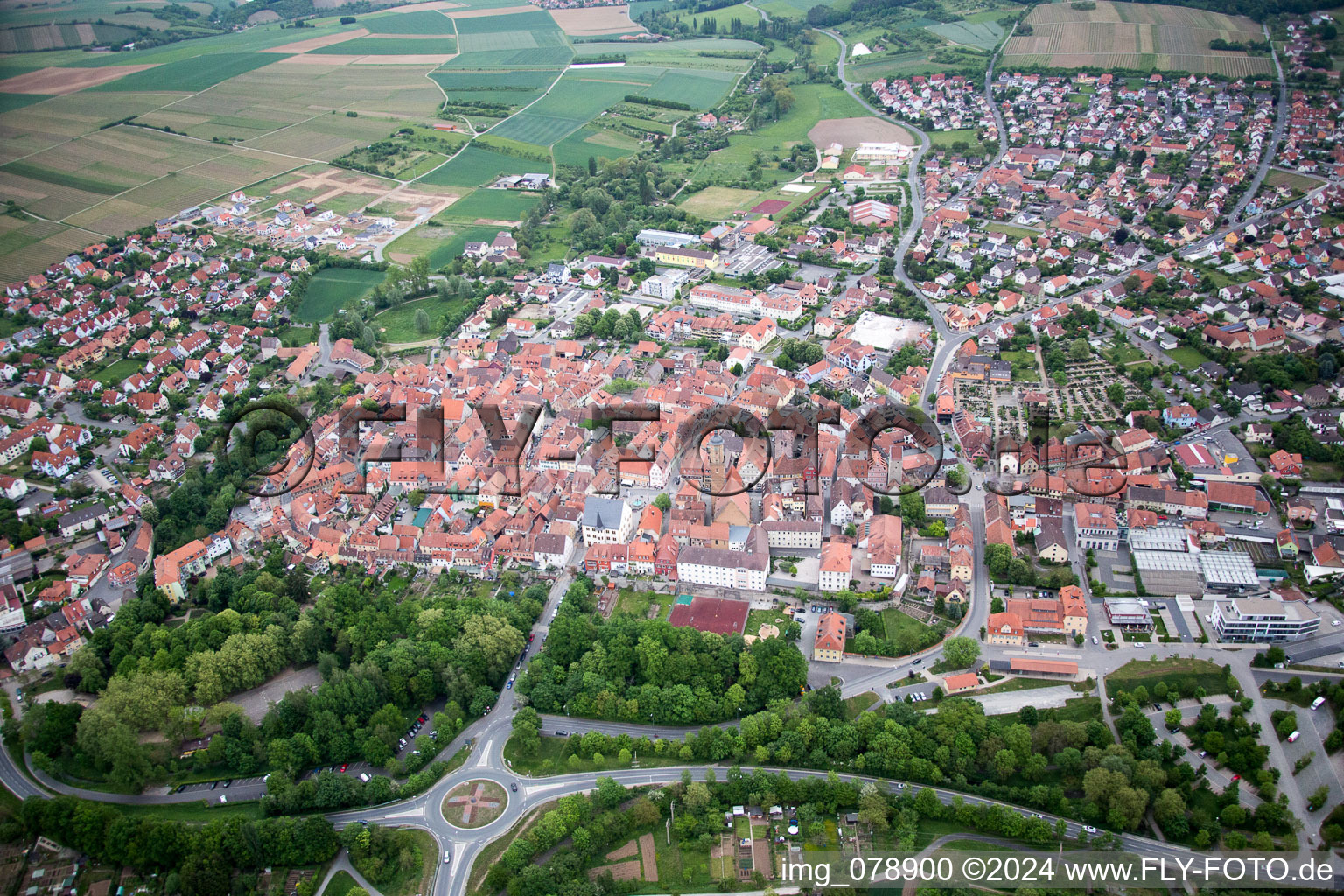 Volkach in the state Bavaria, Germany from the plane