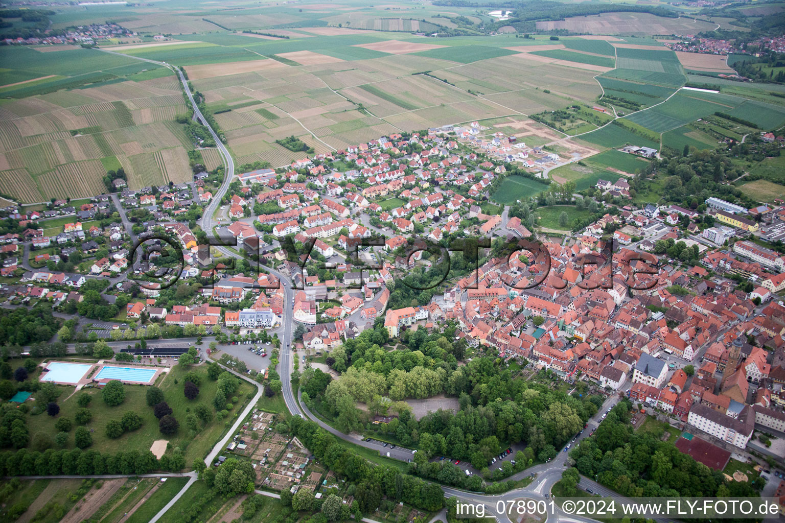 Bird's eye view of Volkach in the state Bavaria, Germany