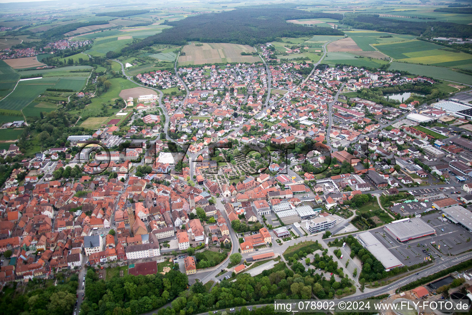 Volkach in the state Bavaria, Germany viewn from the air