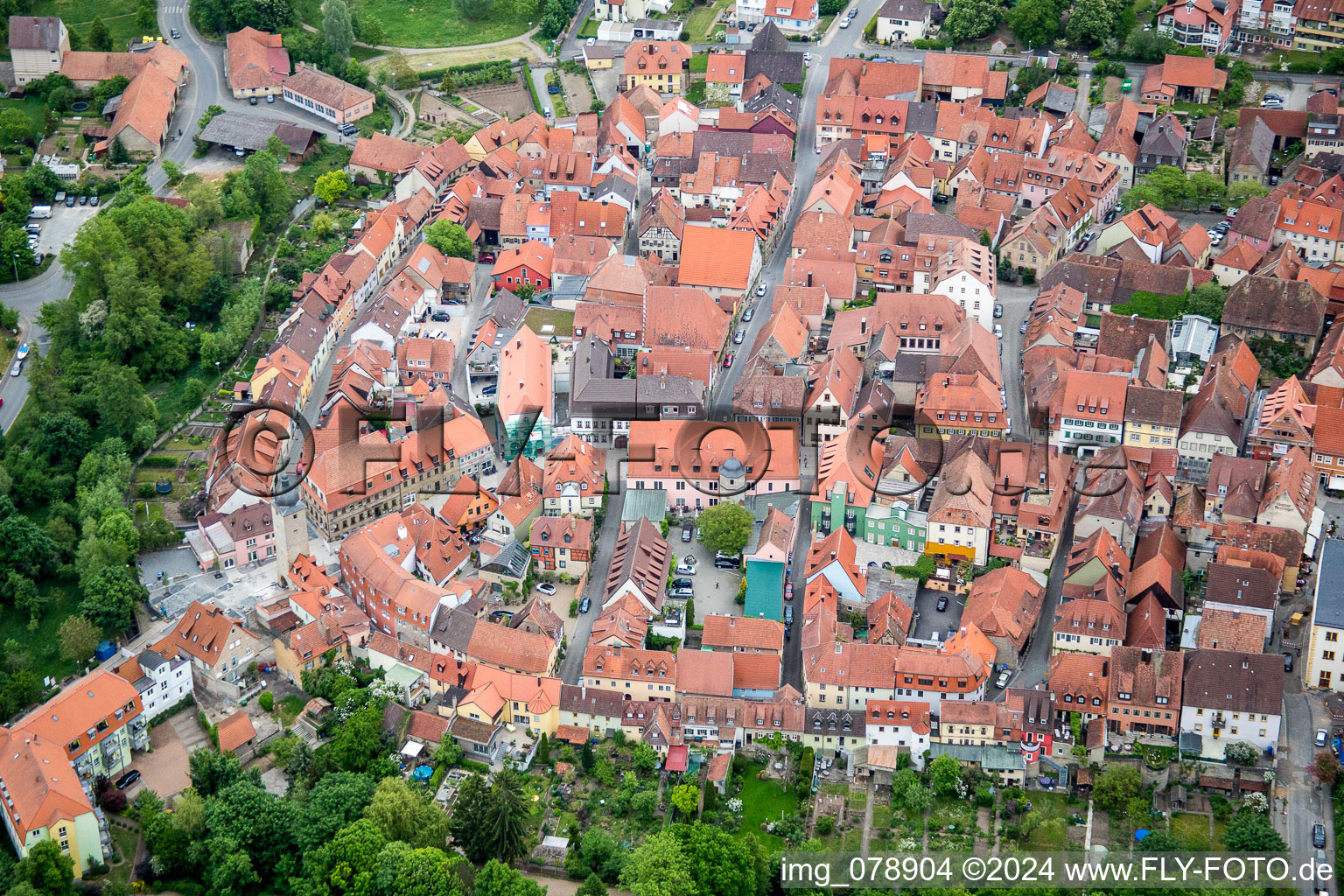 Aerial view of Old Town area and city center in Volkach in the state Bavaria, Germany