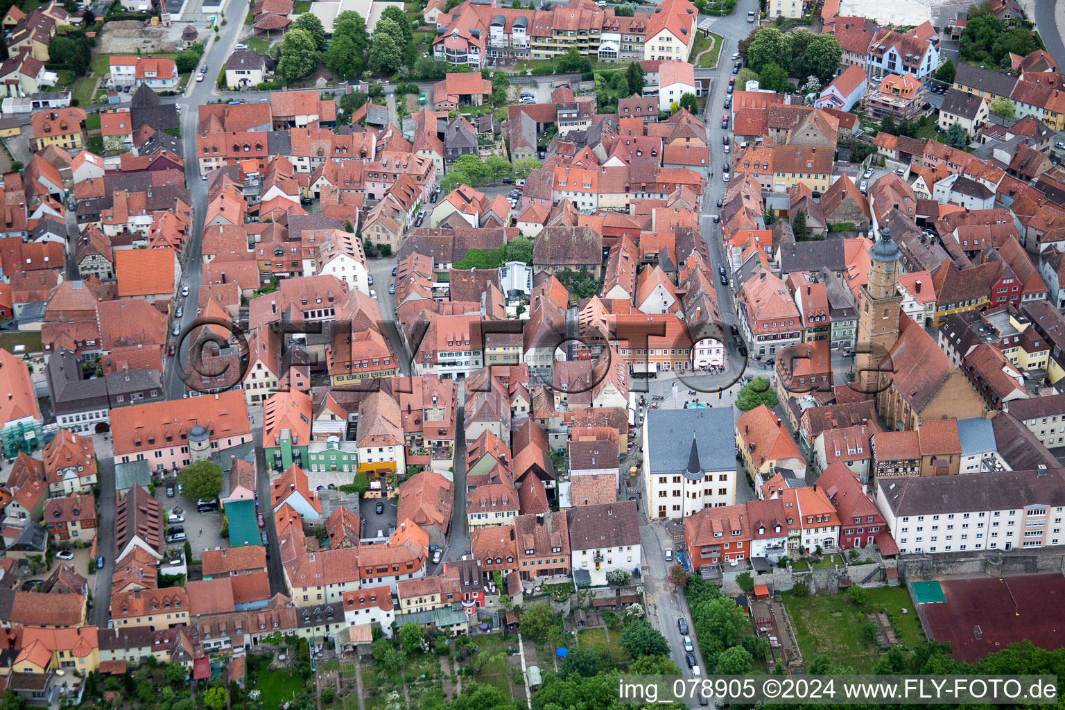 Drone recording of Volkach in the state Bavaria, Germany