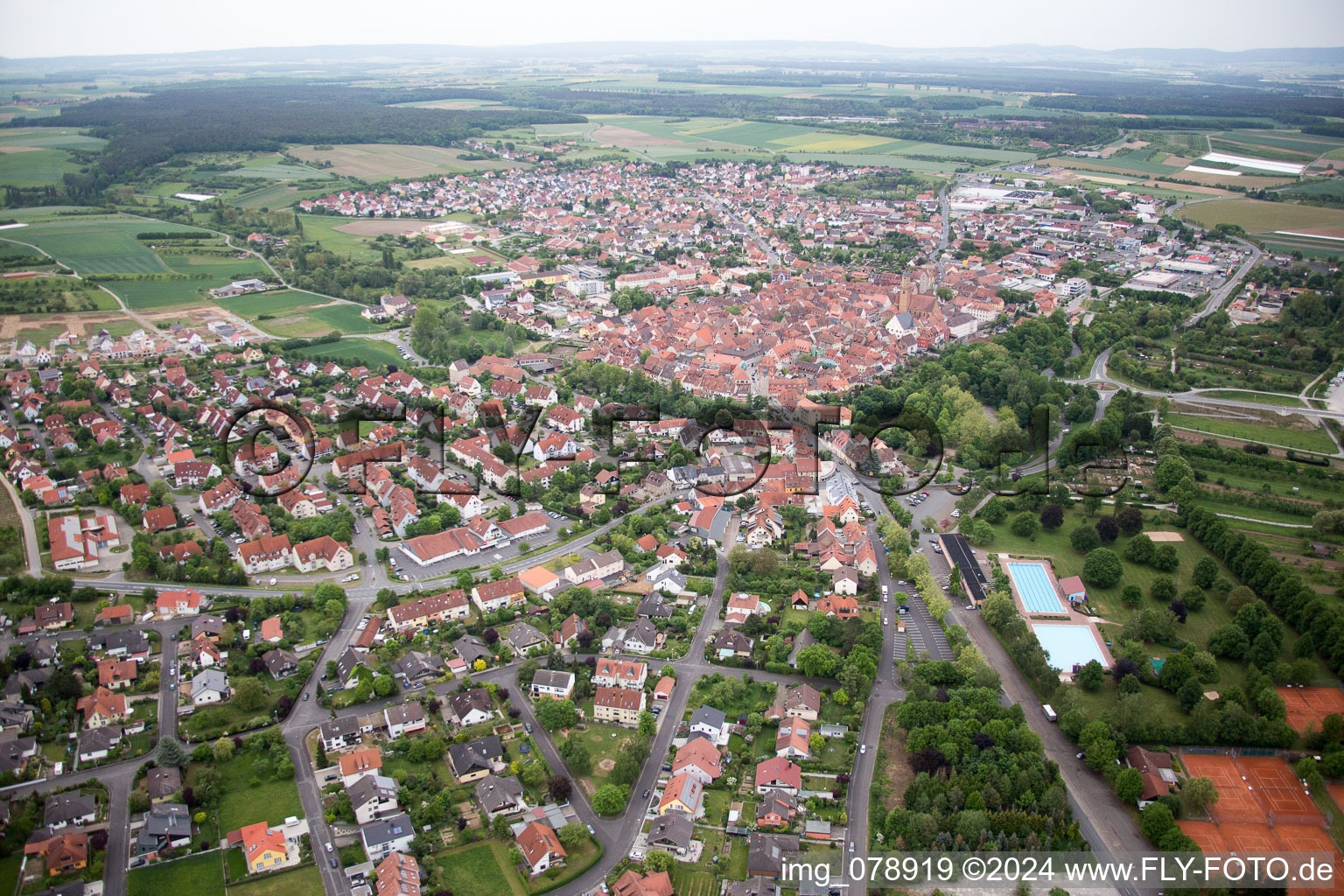 Volkach in the state Bavaria, Germany from above