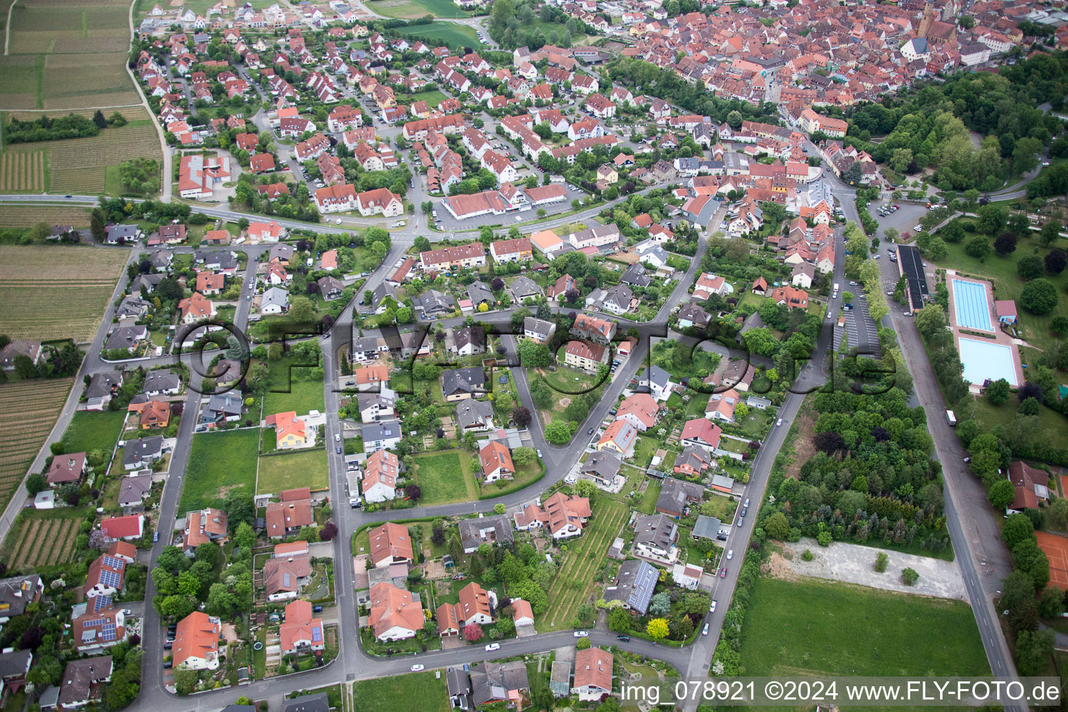 Volkach in the state Bavaria, Germany seen from above