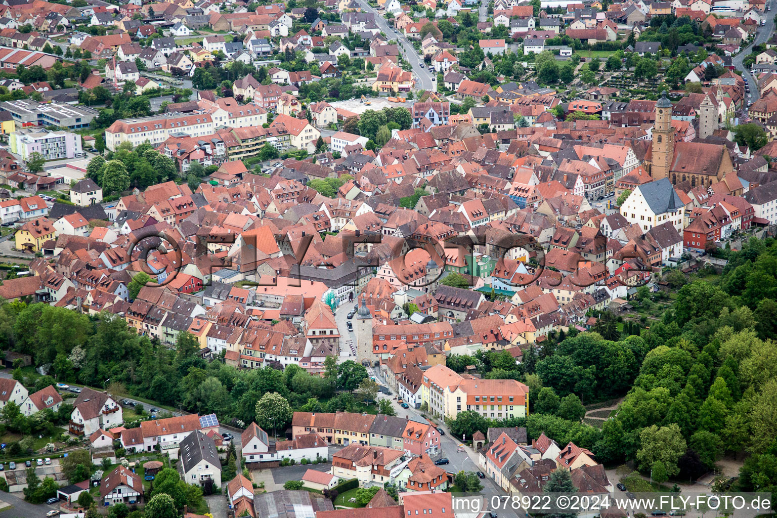 Volkach in the state Bavaria, Germany from the plane