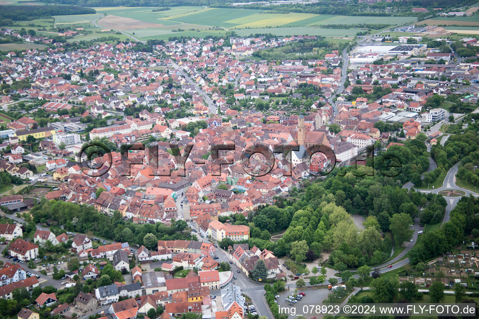 Bird's eye view of Volkach in the state Bavaria, Germany