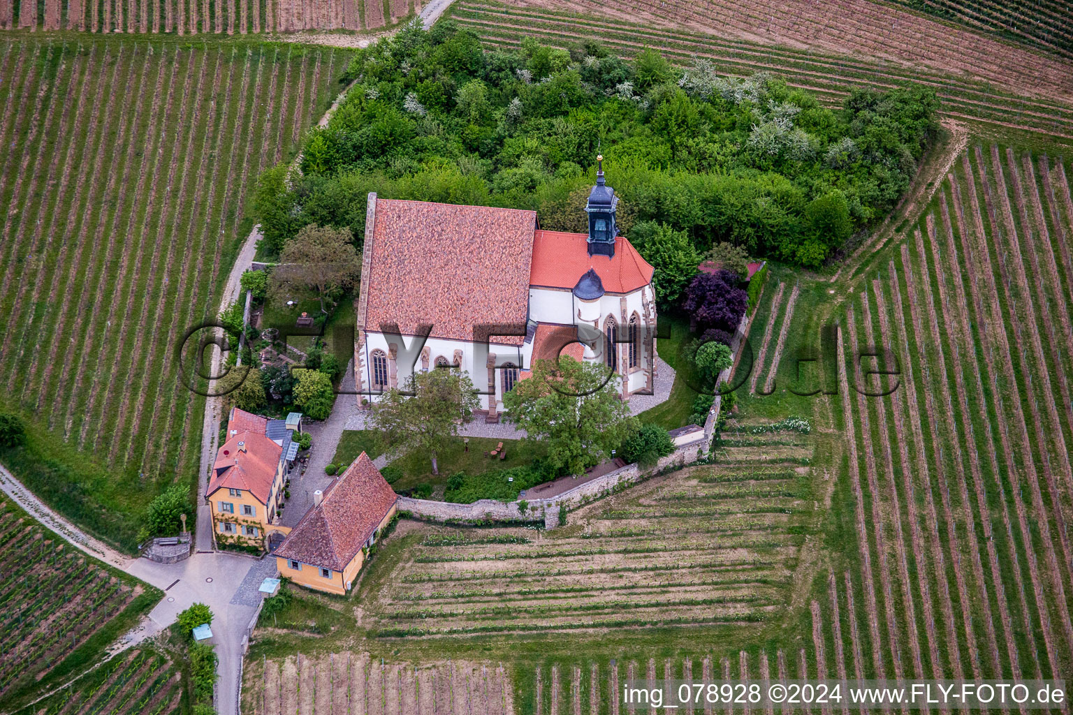 Aerial view of Churches building the chapel Wallfahrtskirche Maria in Weingarten in Volkach in the state Bavaria, Germany