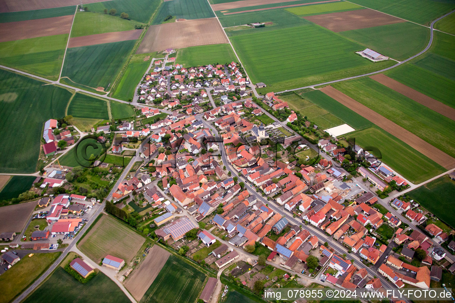 Aerial view of Village view in the district Herlheim in Kolitzheim in the state Bavaria, Germany