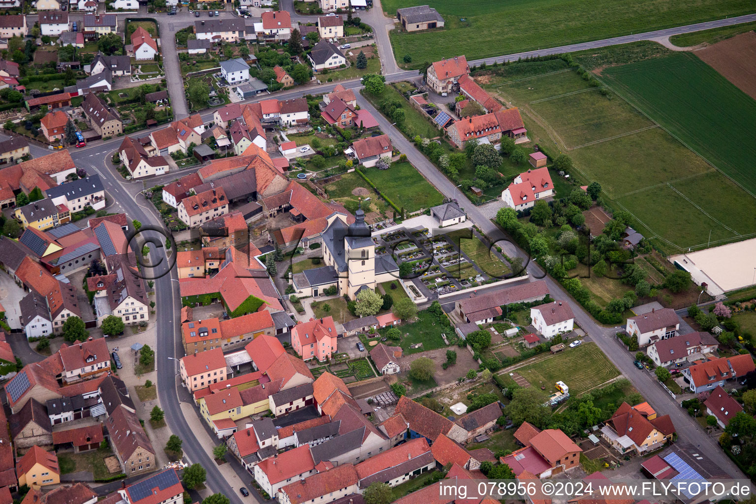 Aerial photograpy of Village view in the district Herlheim in Kolitzheim in the state Bavaria, Germany