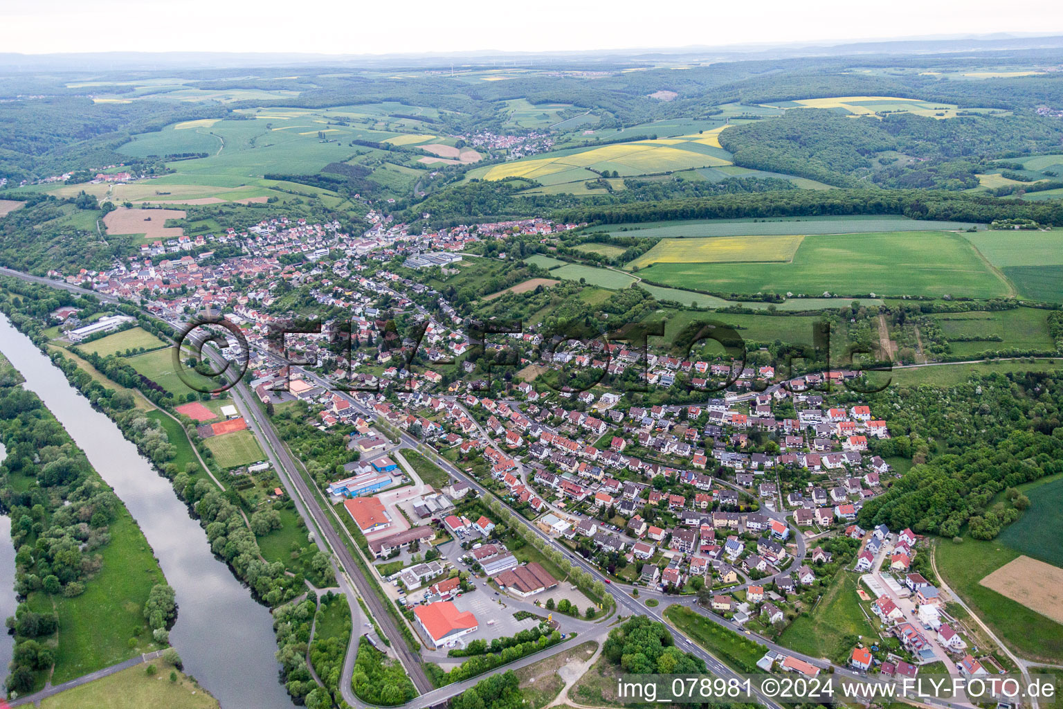 Village on the river bank areas of the Main river in Schonungen in the state Bavaria, Germany