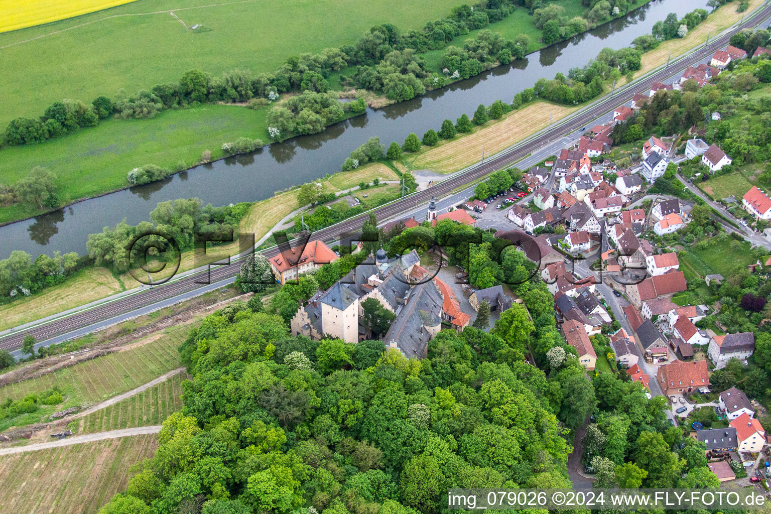 Aerial view of Castle Mainberg in the district Mainberg in Schonungen in the state Bavaria, Germany