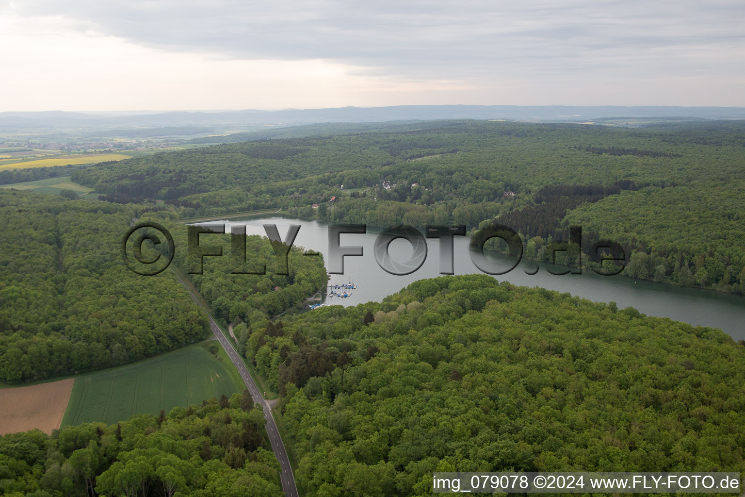 Aerial view of Ellertshäuser Lake in Altenmünster in the state Bavaria, Germany