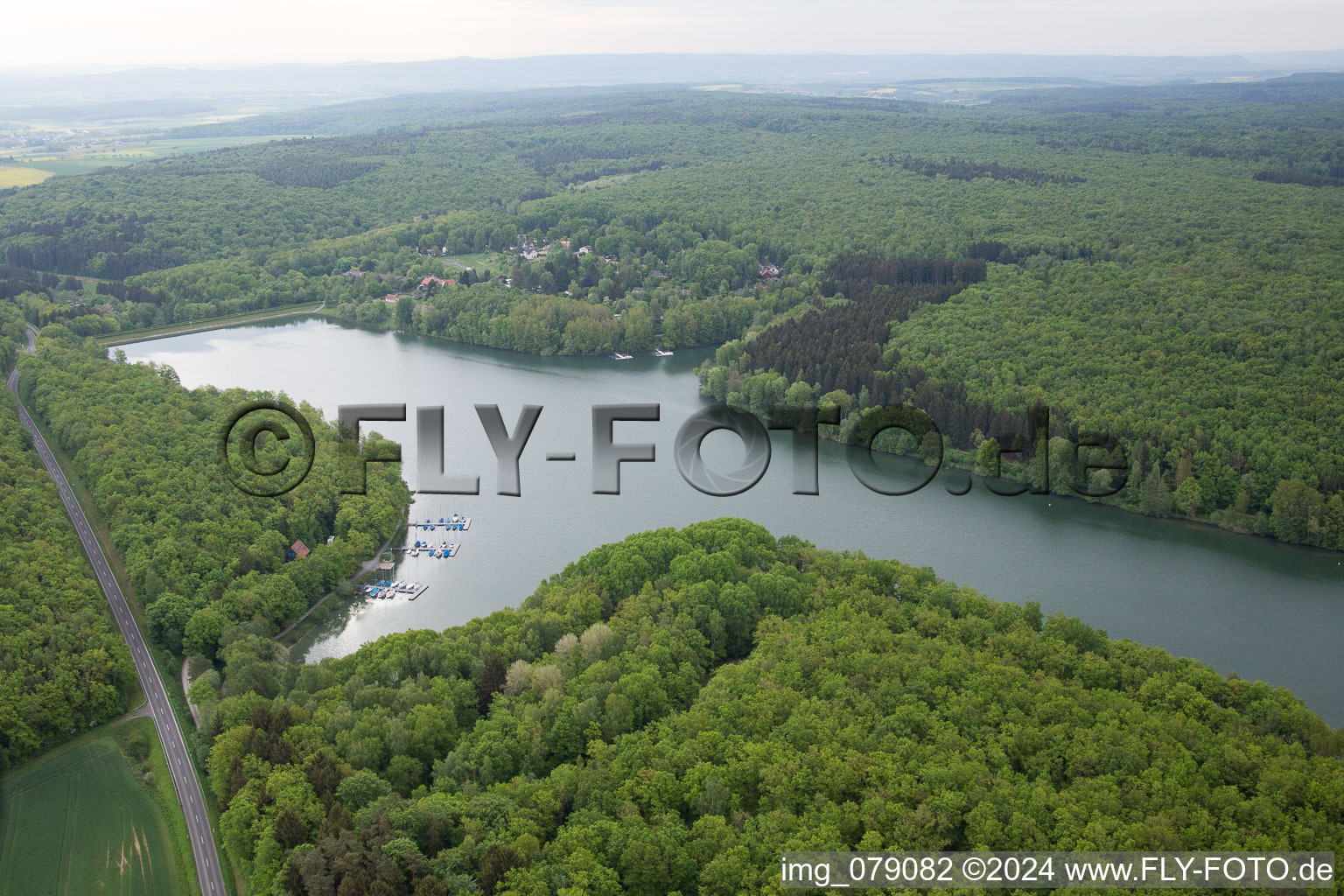 Oblique view of Ellertshäuser Lake in Altenmünster in the state Bavaria, Germany