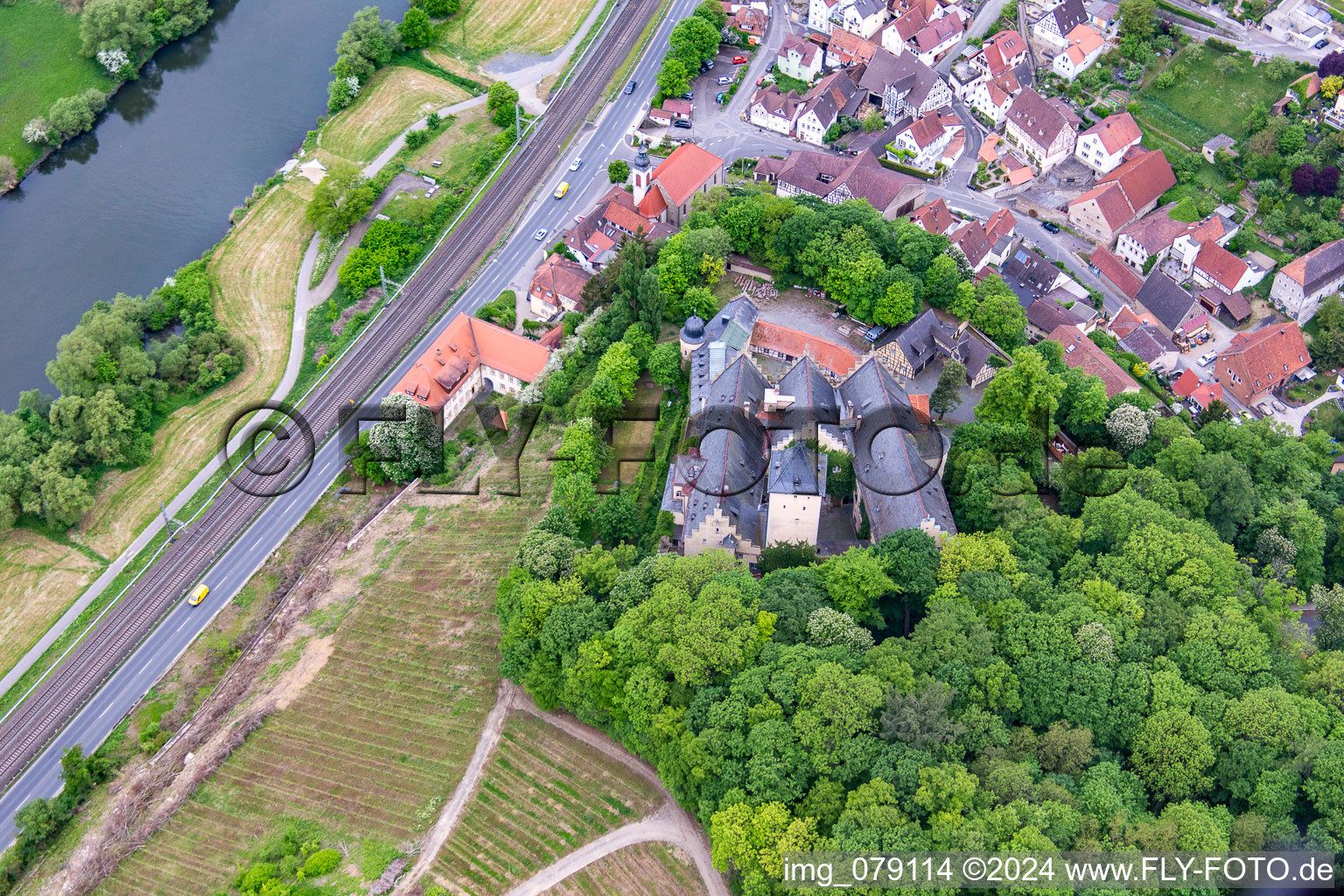 Oblique view of Castle Mainberg in the district Mainberg in Schonungen in the state Bavaria, Germany