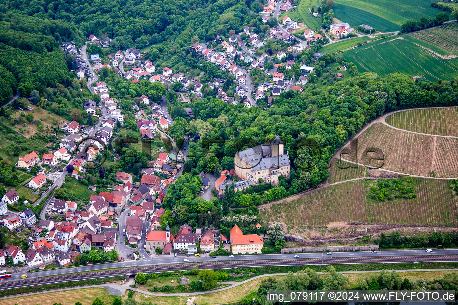 Aerial view of Castle of Schloss Schloss Mainberg in the district Mainberg in Schonungen in the state Bavaria, Germany