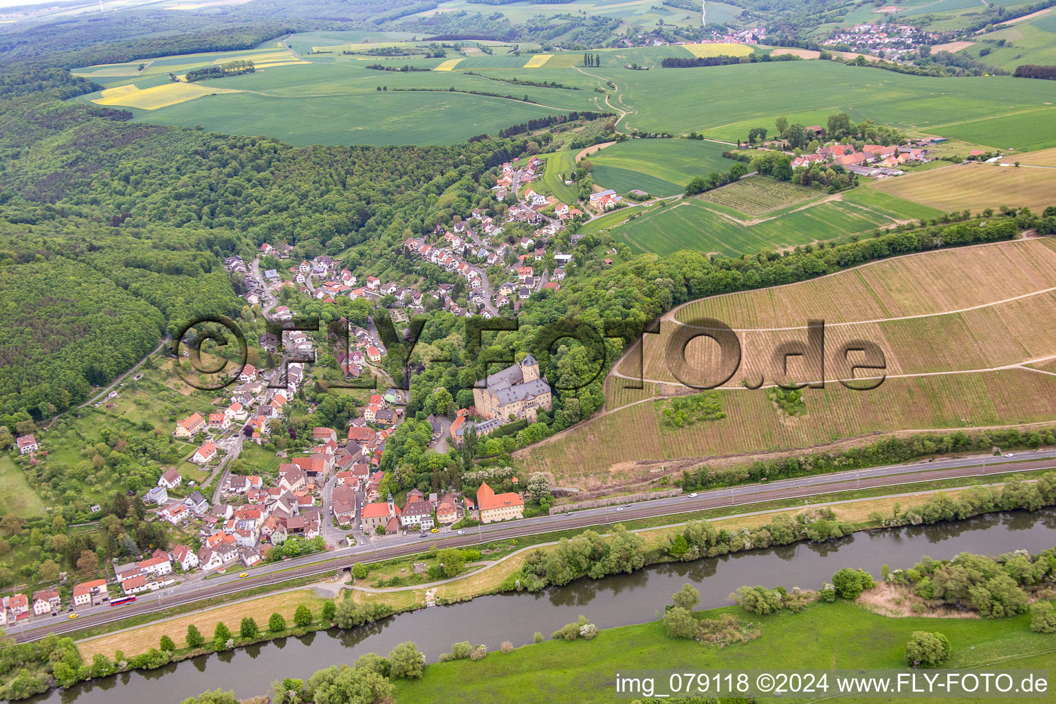 From the south in the district Mainberg in Schonungen in the state Bavaria, Germany