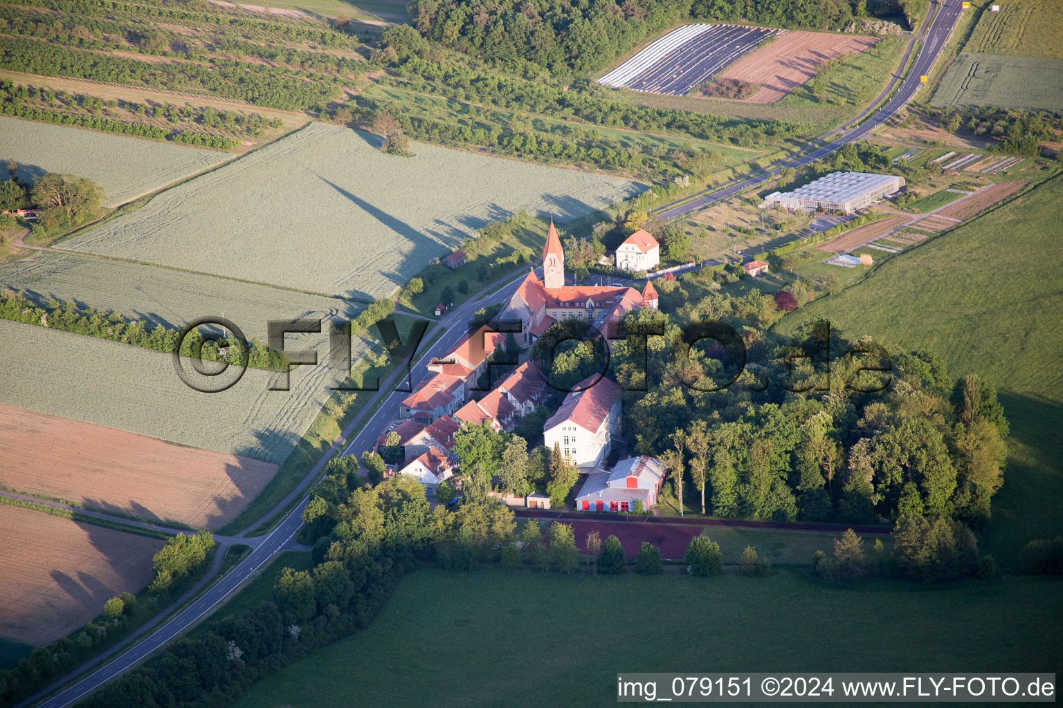 Aerial view of Complex of buildings of the former monastery in Antonia-Werr-Centre in Kloster St. Ludwig in the state Bavaria, Germany