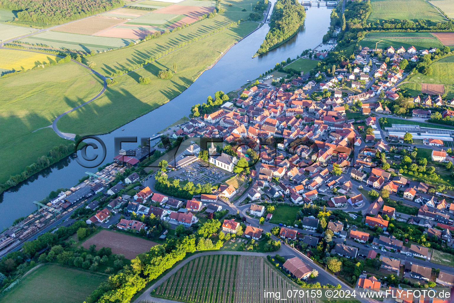 Village on the river bank areas of the Main river in Wipfeld in the state Bavaria, Germany