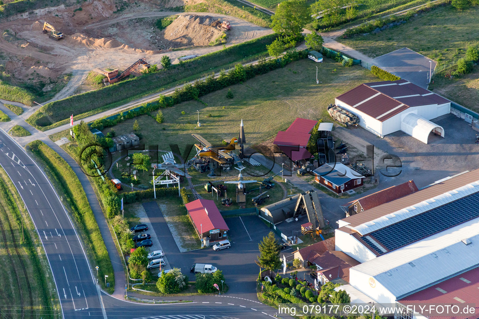 Aerial view of Exhibition of fighter aircrafts and tanks and Museum building ensemble of Museum for Military History in Stammheim in the state Bavaria, Germany