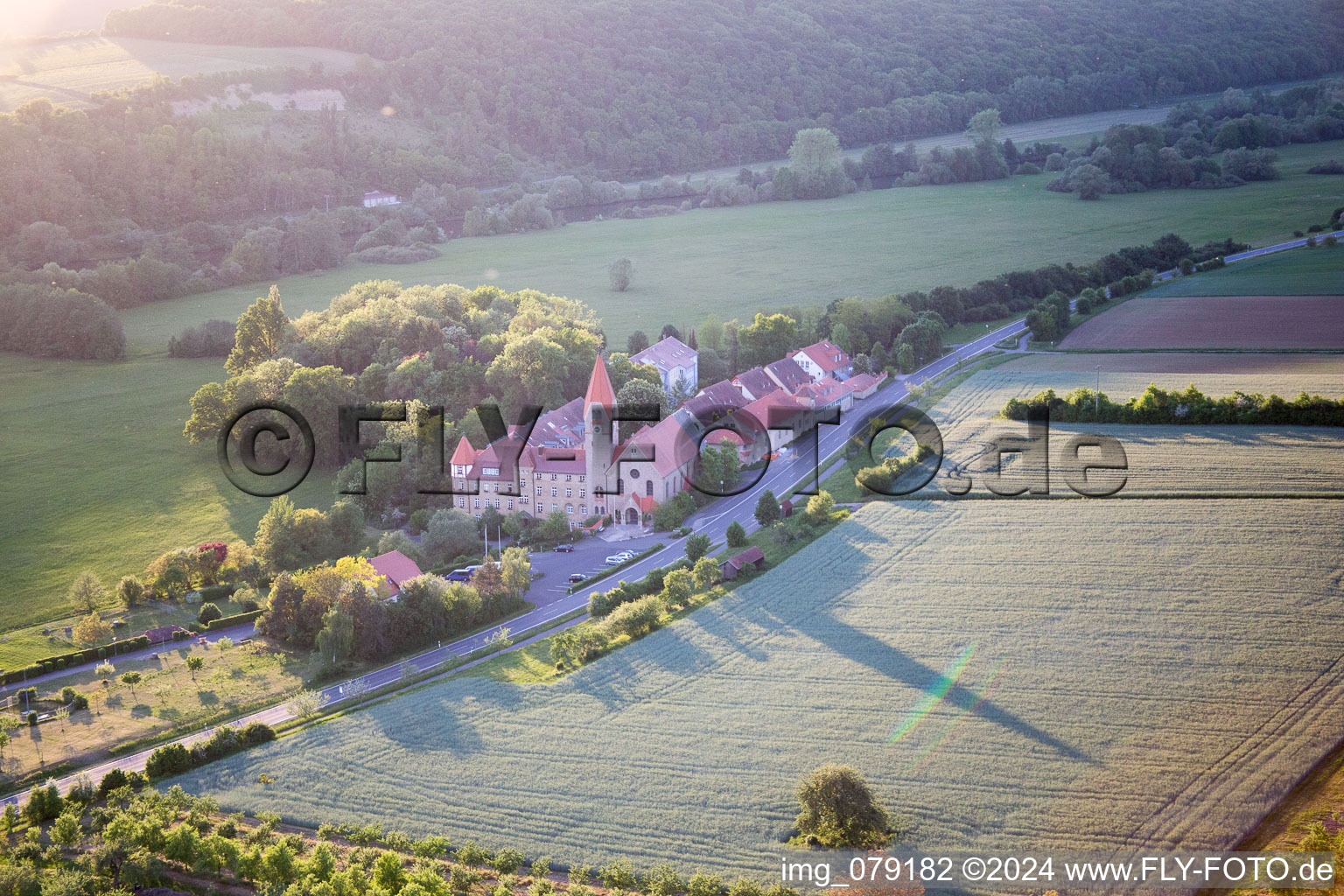 Oblique view of Complex of buildings of the former monastery in Antonia-Werr-Centre in Kloster St. Ludwig in the state Bavaria, Germany