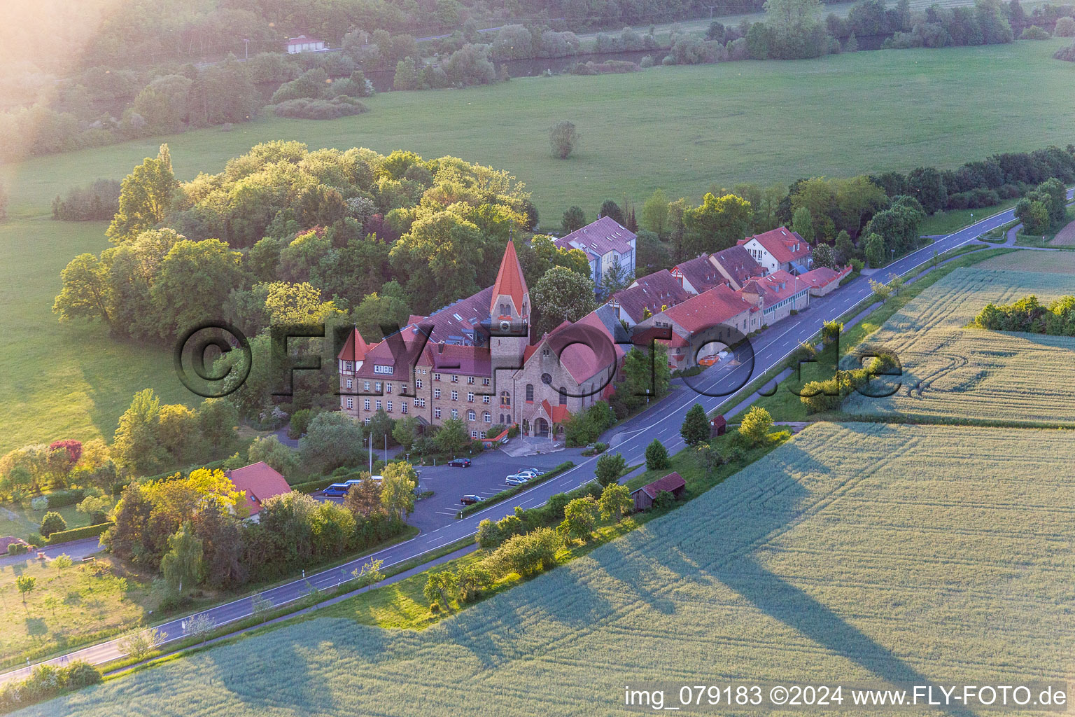 Aerial view of Complex of buildings of the former monastery in Antonia-Werr-Centre in Kloster St. Ludwig in the state Bavaria, Germany