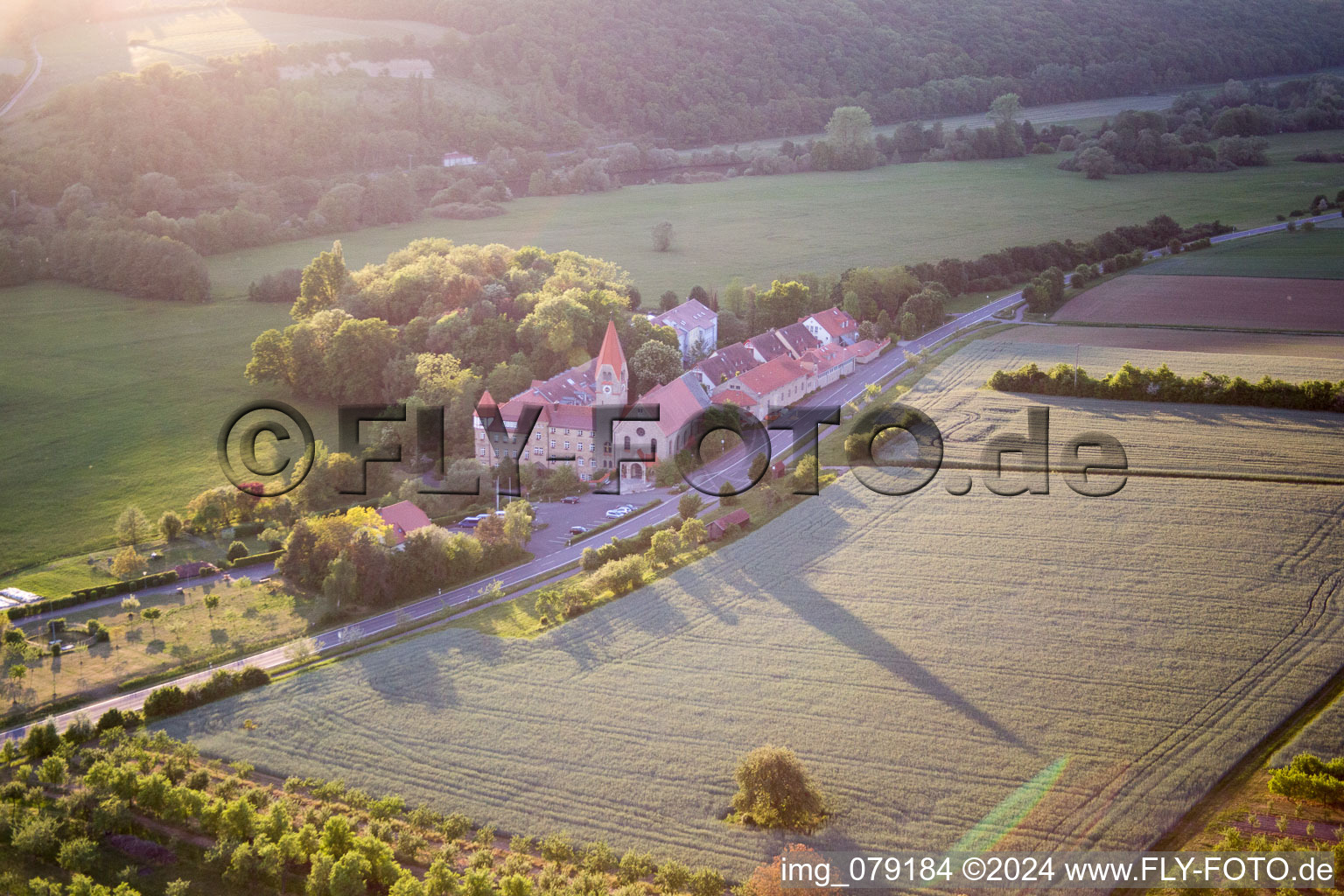 Complex of buildings of the former monastery in Antonia-Werr-Centre in Kloster St. Ludwig in the state Bavaria, Germany from above