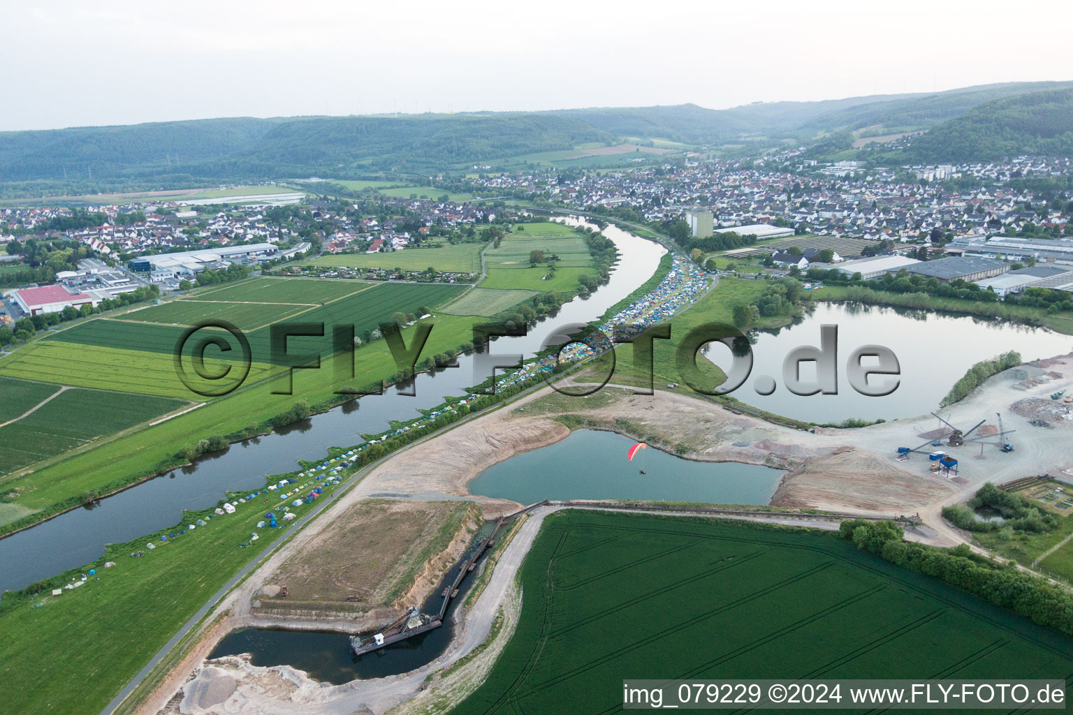 Riparian zones on the course of the river of the Weser river in Beverungen in the state North Rhine-Westphalia, Germany