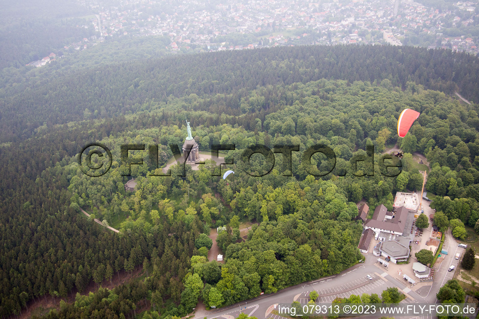 Aerial view of Herman monument at Detmold in Detmold in the state North Rhine-Westphalia, Germany