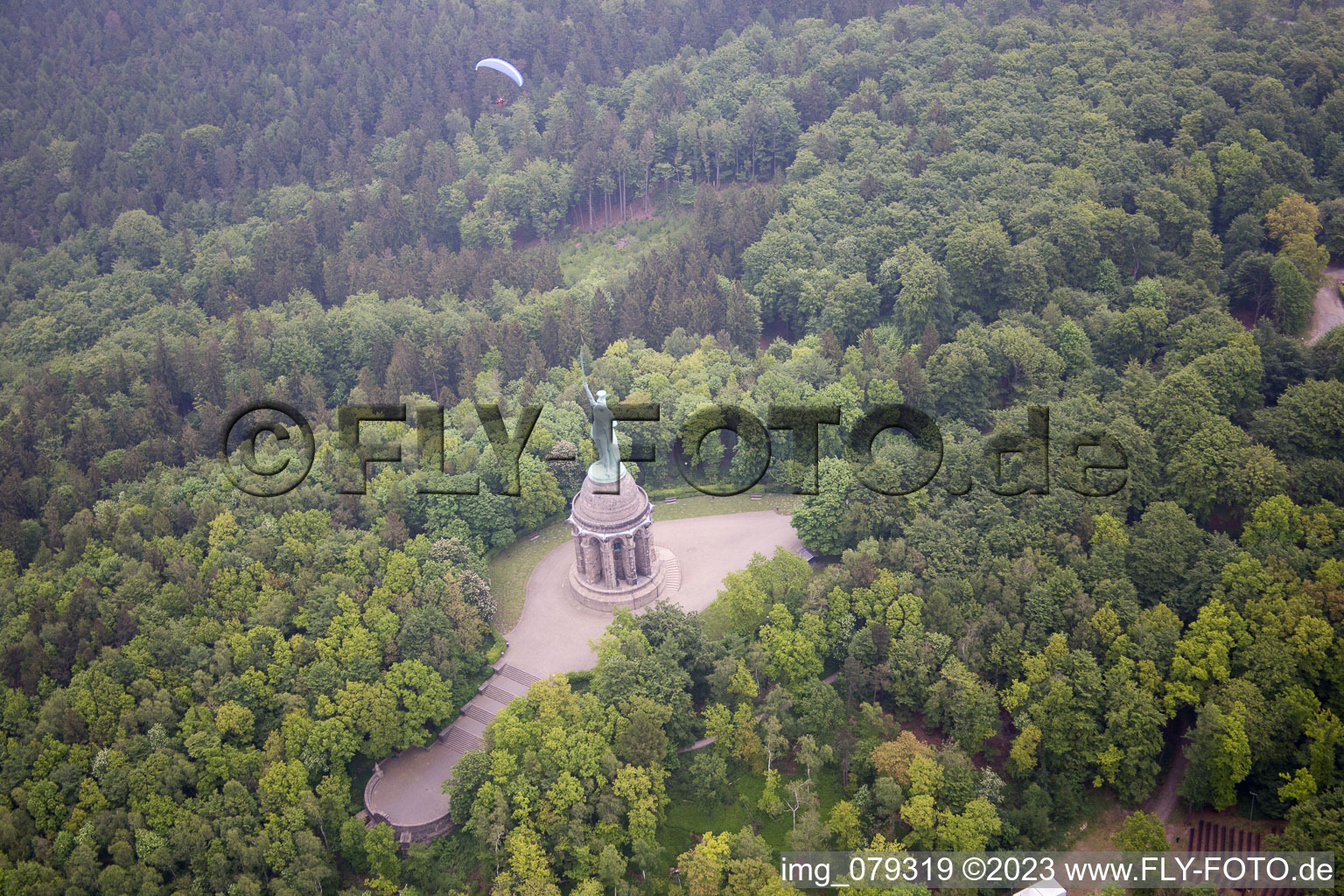 Aerial photograpy of Herman monument at Detmold in Detmold in the state North Rhine-Westphalia, Germany