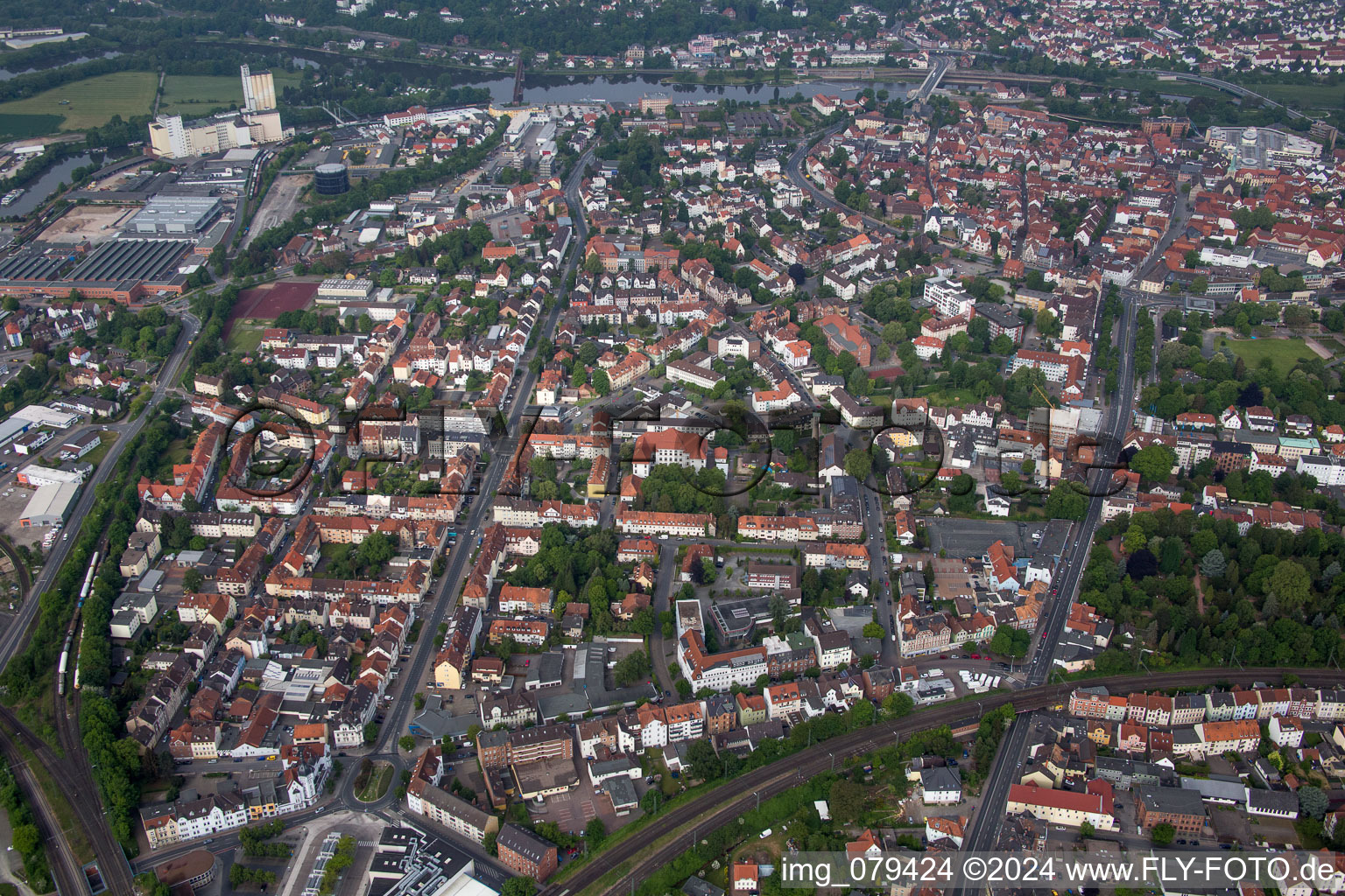 Aerial view of Street - road guidance Kaiserstrasse and Koenigstrasse in Hameln in the state Lower Saxony, Germany