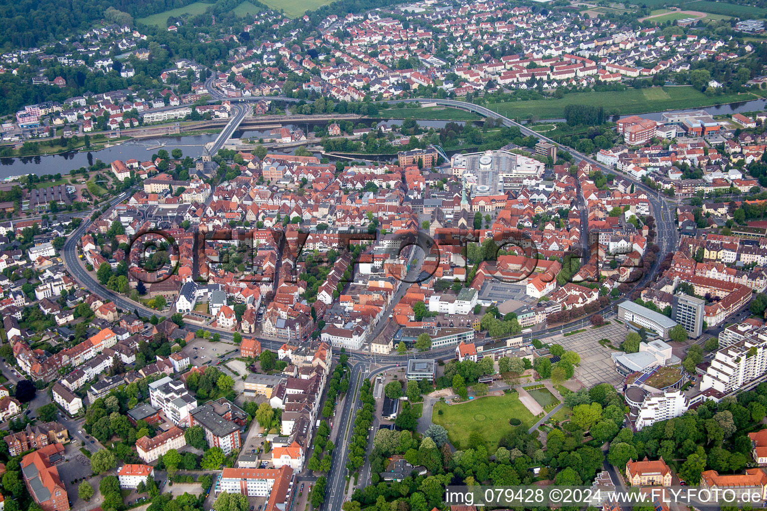 Old Town area and city center in Hameln in the state Lower Saxony, Germany