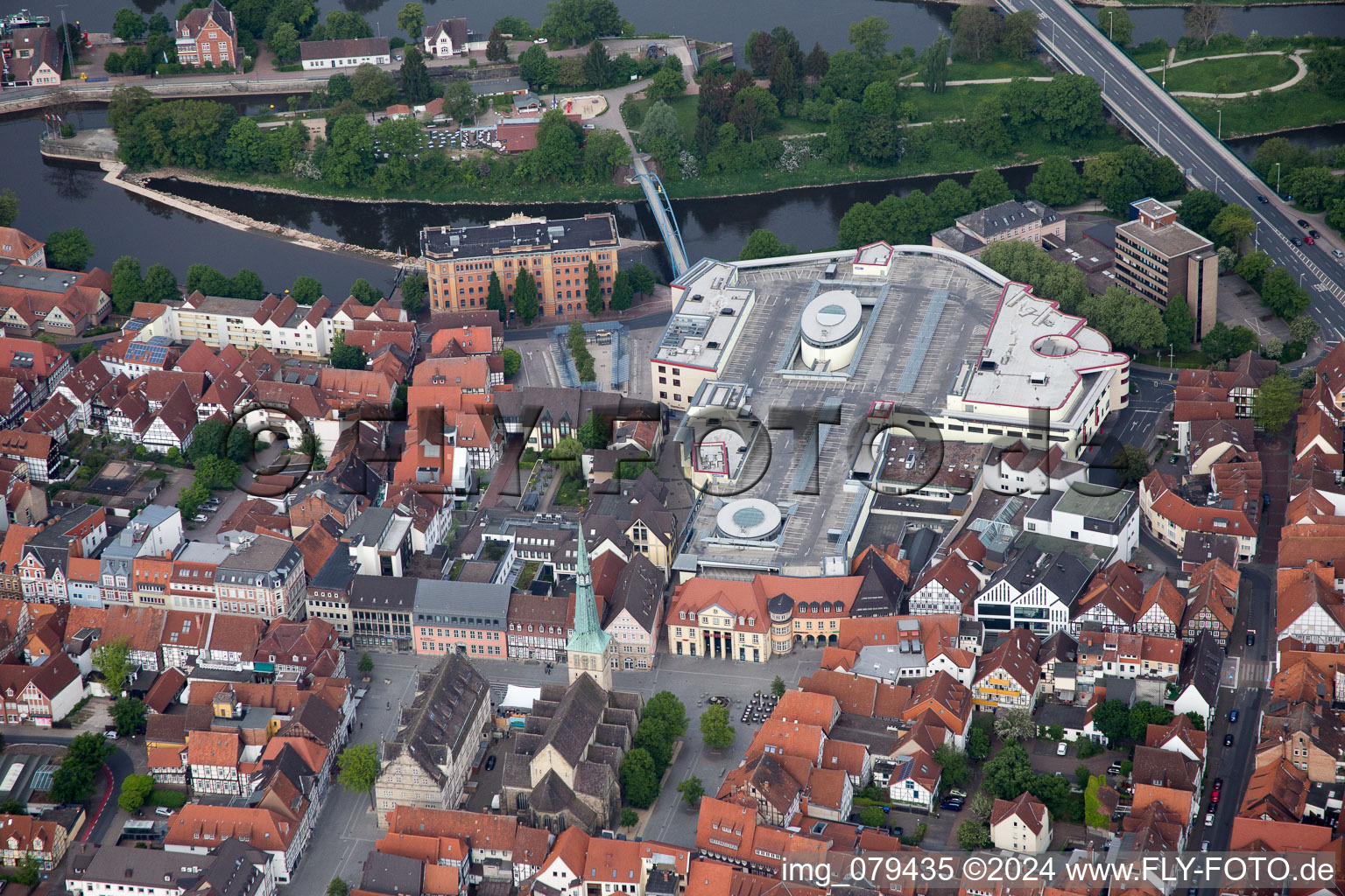 Aerial view of Church building in of Marktkirche St. Nicolai Old Town- center of downtown in Hameln in the state Lower Saxony, Germany