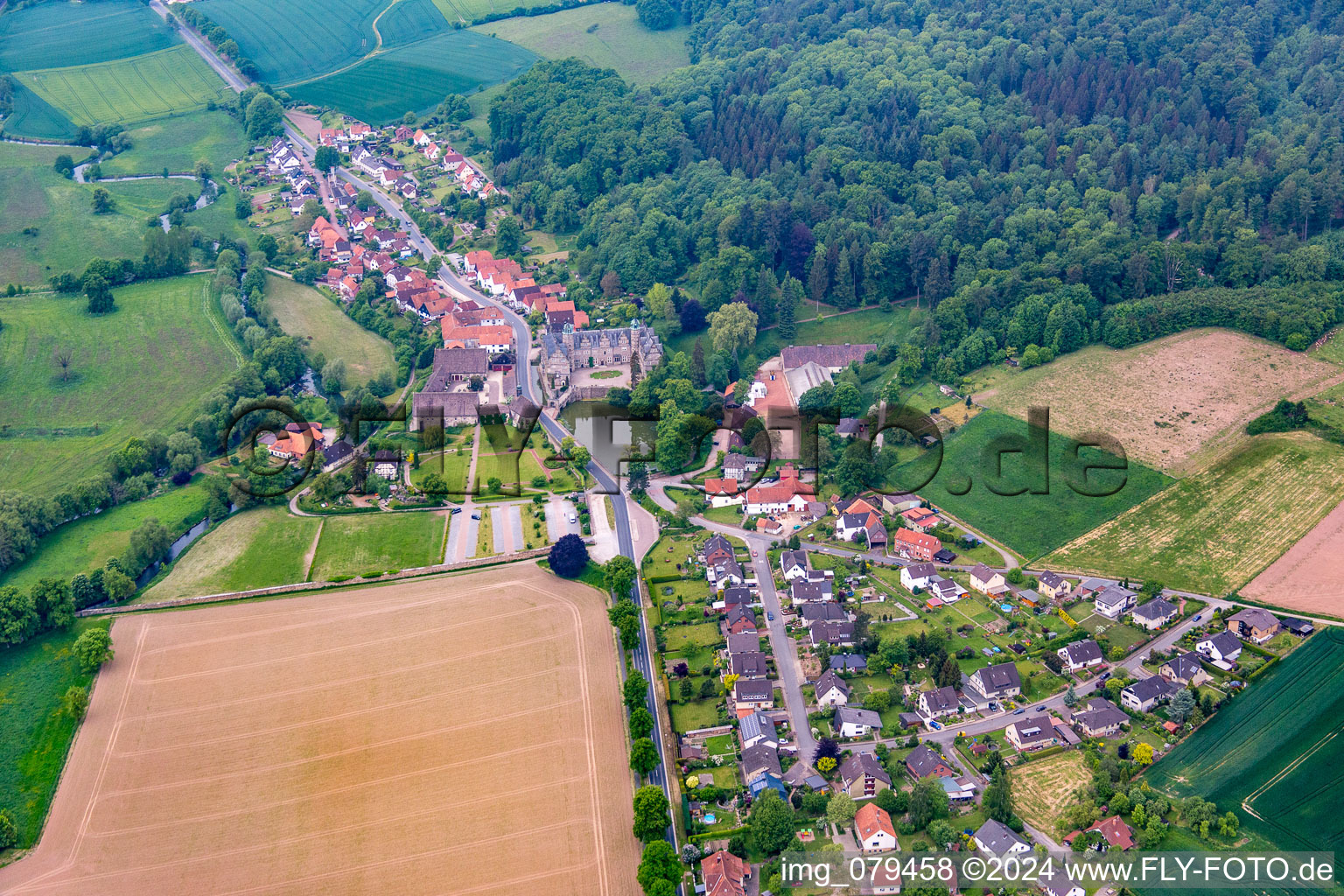 Aerial view of Castle Hämelschenburg in the district Hämelschenburg in Emmerthal in the state Lower Saxony, Germany