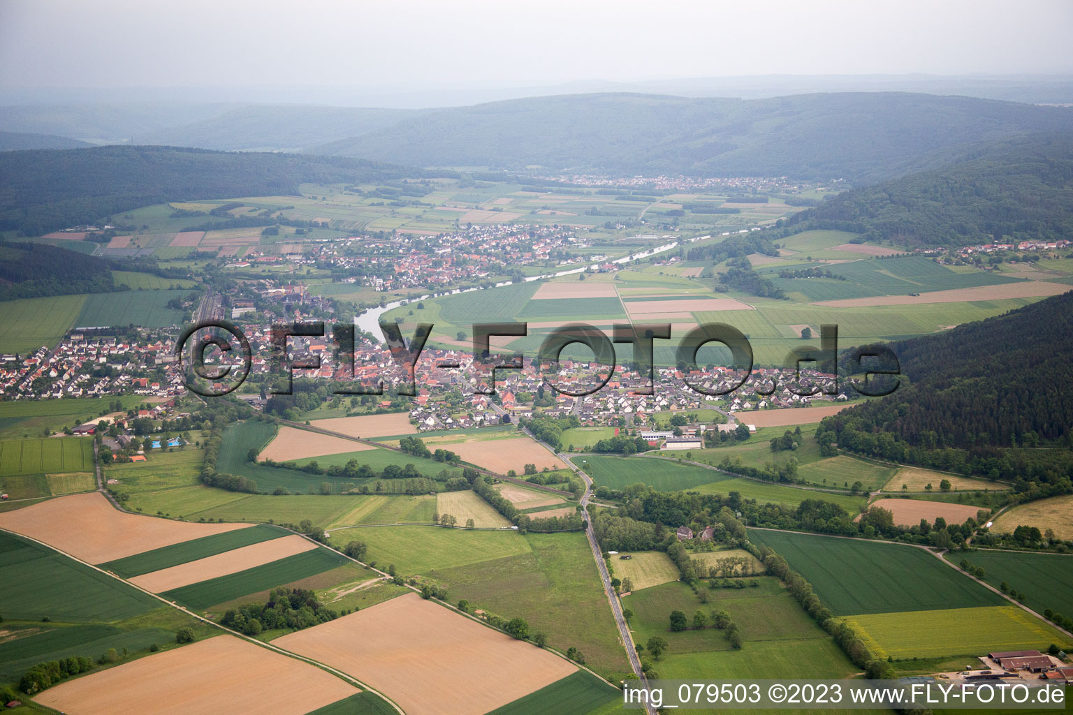 Aerial view of Bodenfelde in the state Lower Saxony, Germany