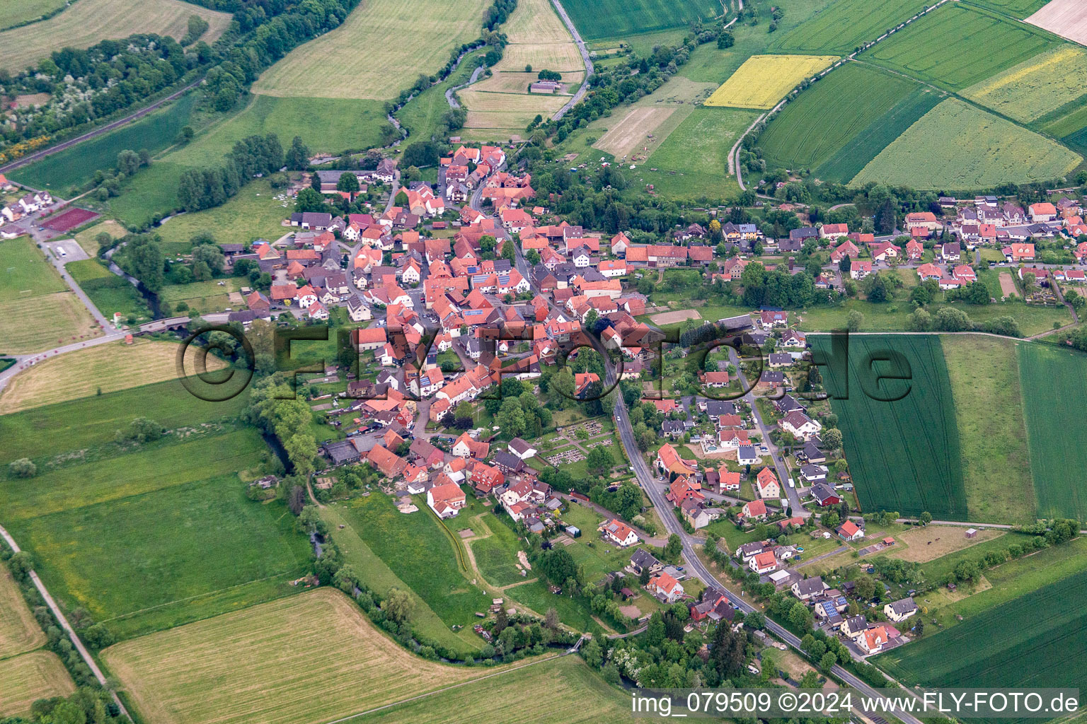 Agricultural fields and farmland in the district Vernawahlshausen in Wesertal in the state Hesse, Germany