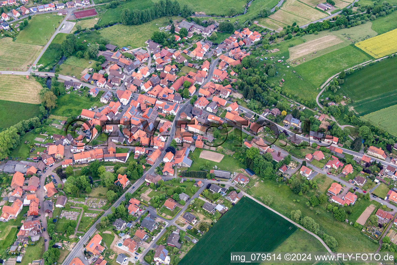 Aerial view of Agricultural fields and farmland in the district Vernawahlshausen in Wesertal in the state Hesse, Germany