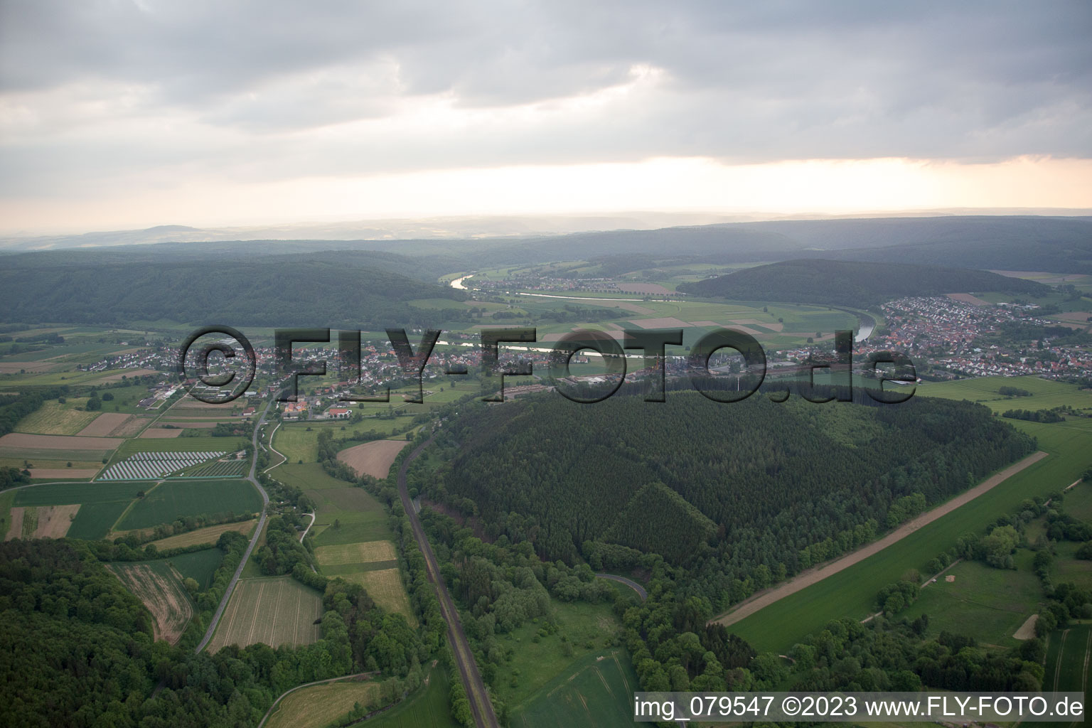 Aerial view of Curved loop of the riparian zones on the course of the river of Schwuelme in Bodenfelde in the state Lower Saxony, Germany
