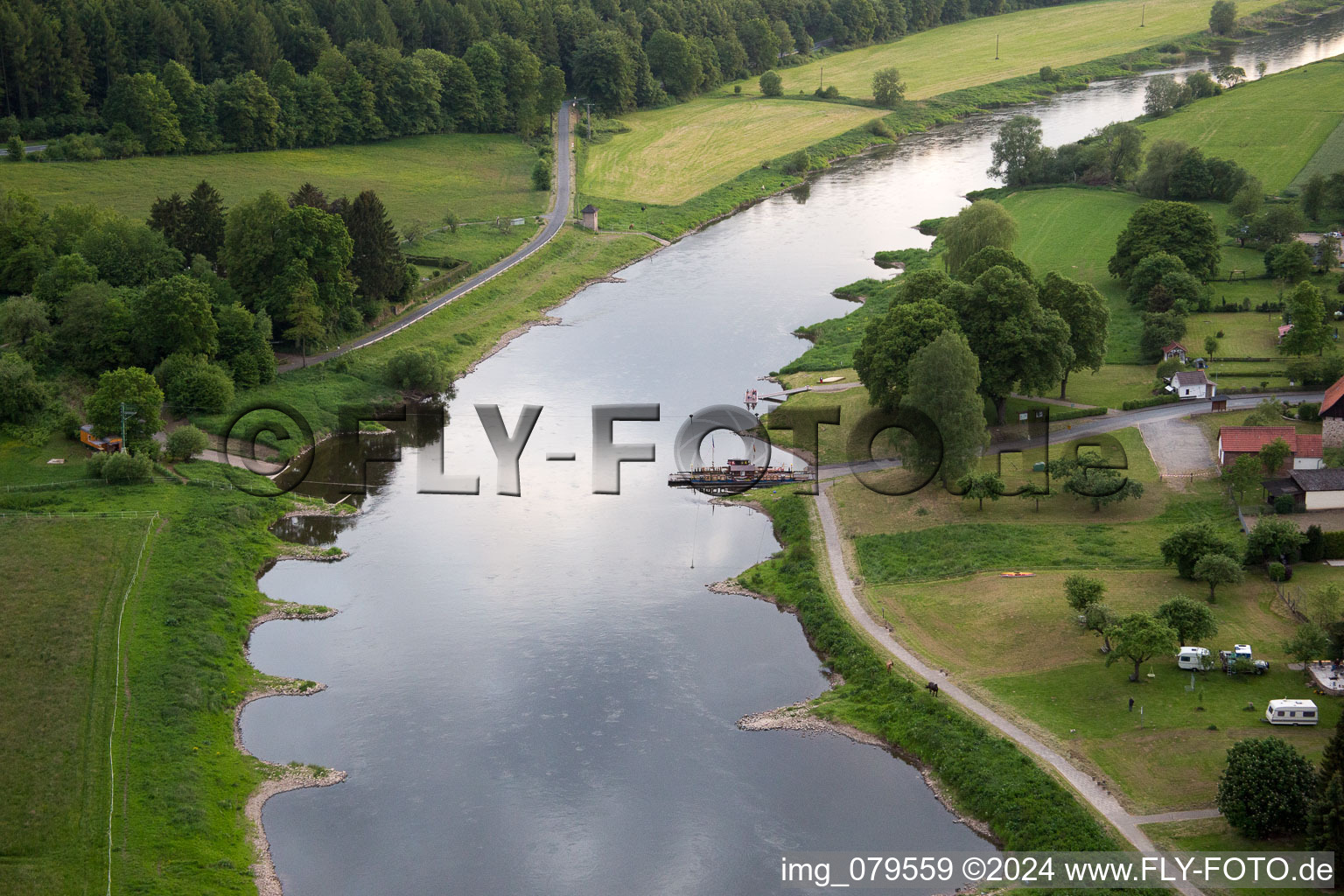 Aerial view of Weser ferry Wahmbeck in the district Wahmbeck in Bodenfelde in the state Lower Saxony, Germany