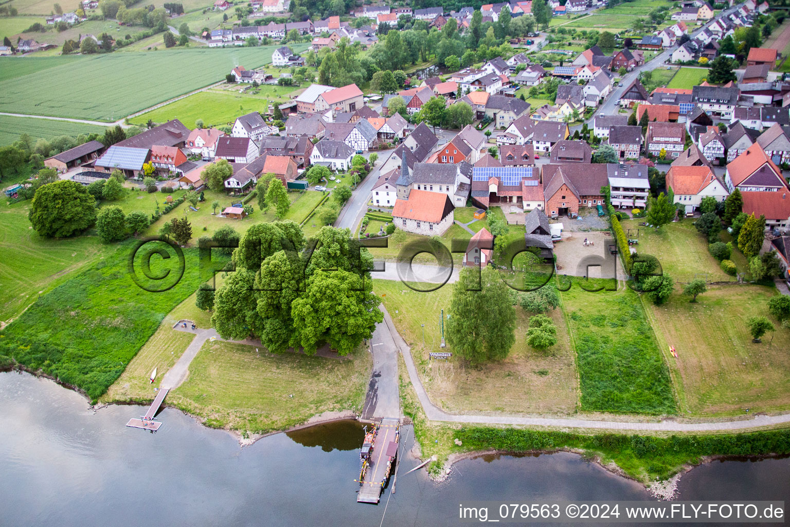 Aerial view of Ferry ship of the Weser ferry Wahmbeck in Wahmbeck in the state Lower Saxony, Germany