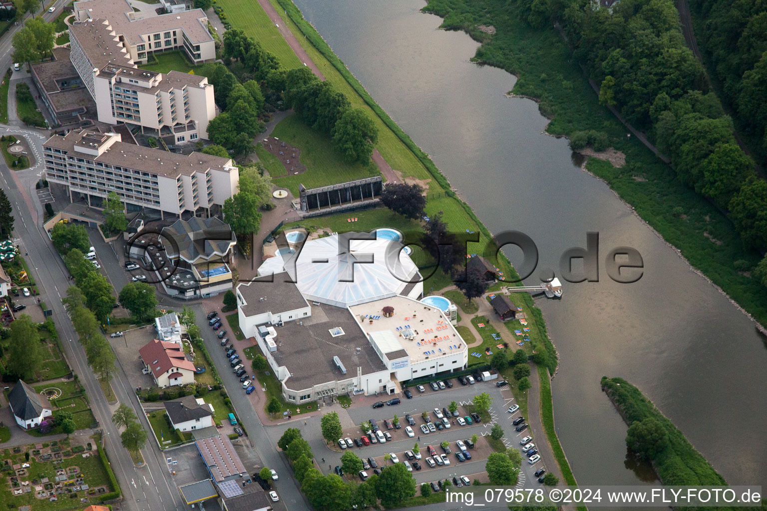 Spa and swimming pools at the swimming pool of the leisure facility Weser-Therme in the district Helmarshausen in Bad Karlshafen in the state Hesse