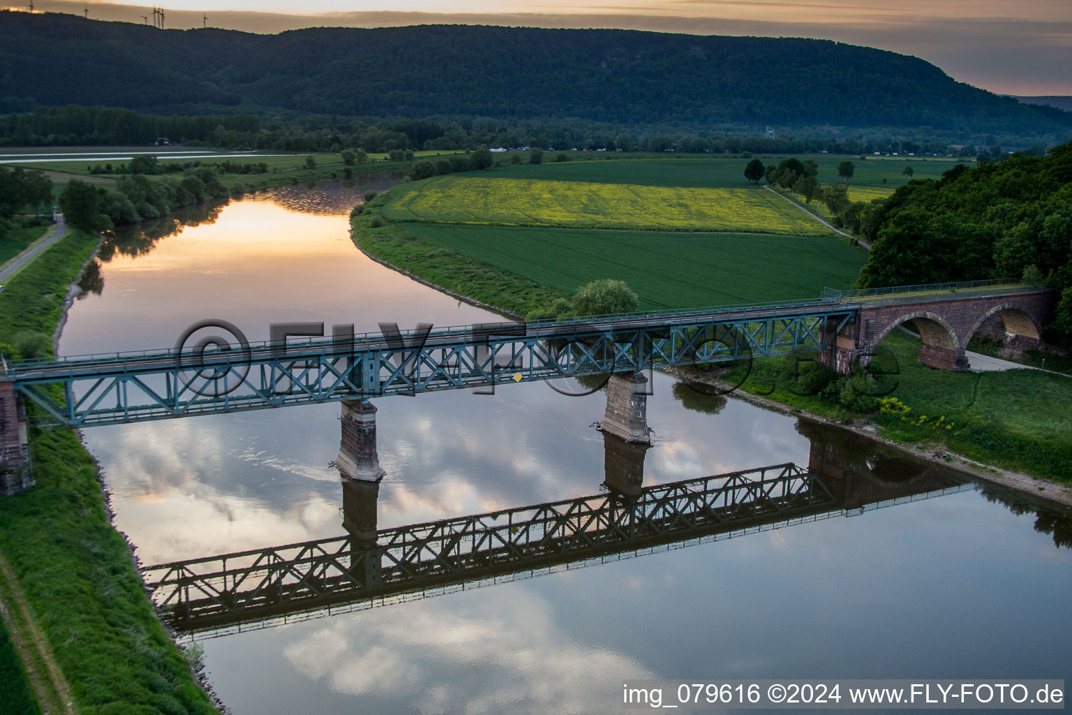 Viaduct of the railway bridge structure to route the railway tracks crossing the Weser river in Hoexter in the state North Rhine-Westphalia