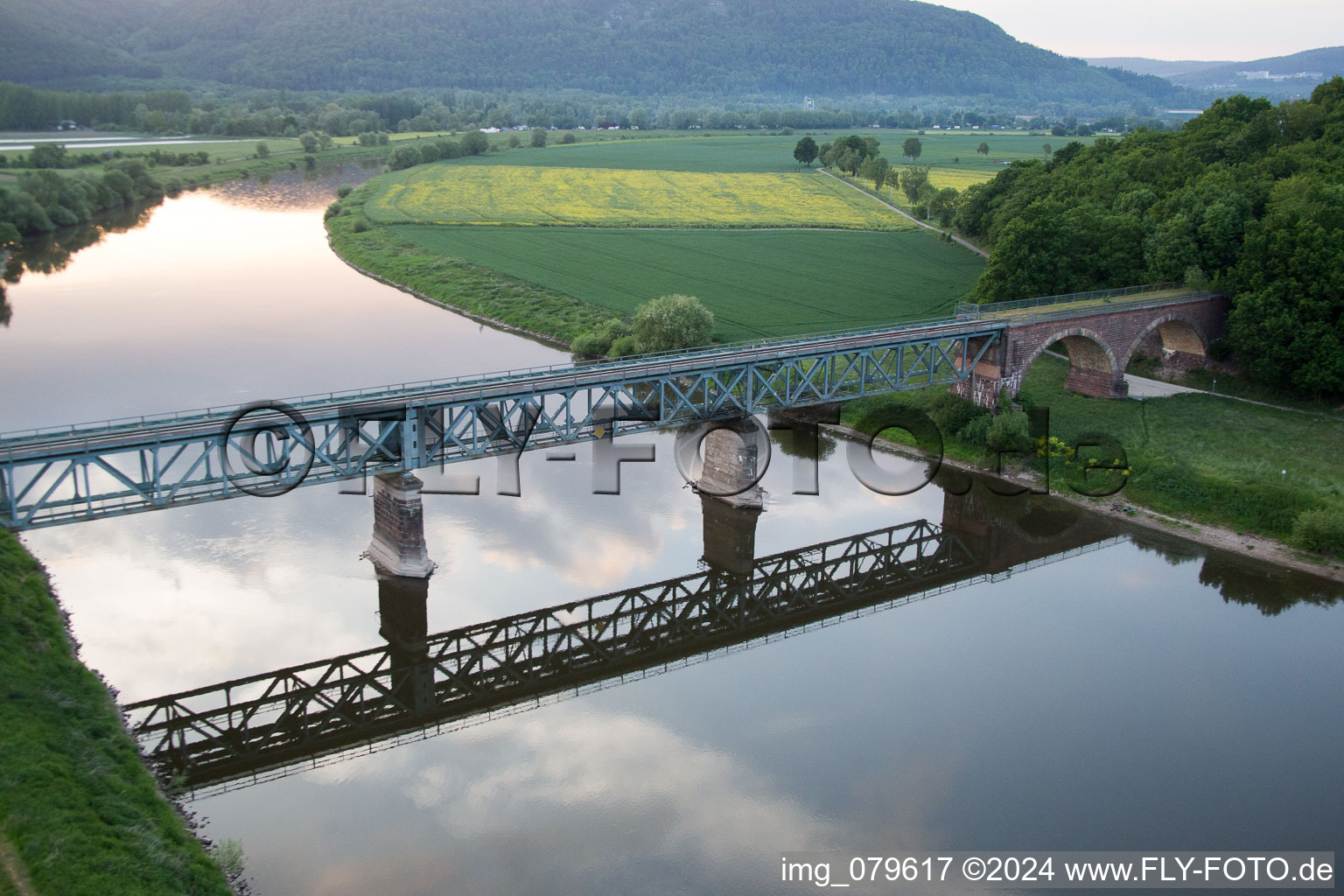 Kennedy bridge for the railway across the Weser in Boffzen in the state Lower Saxony, Germany