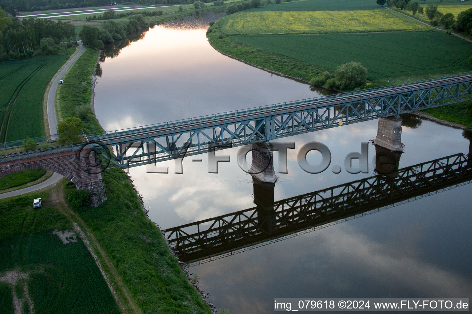 Aerial view of Kennedy bridge for the railway across the Weser in the district Wehrden in Beverungen in the state North Rhine-Westphalia, Germany