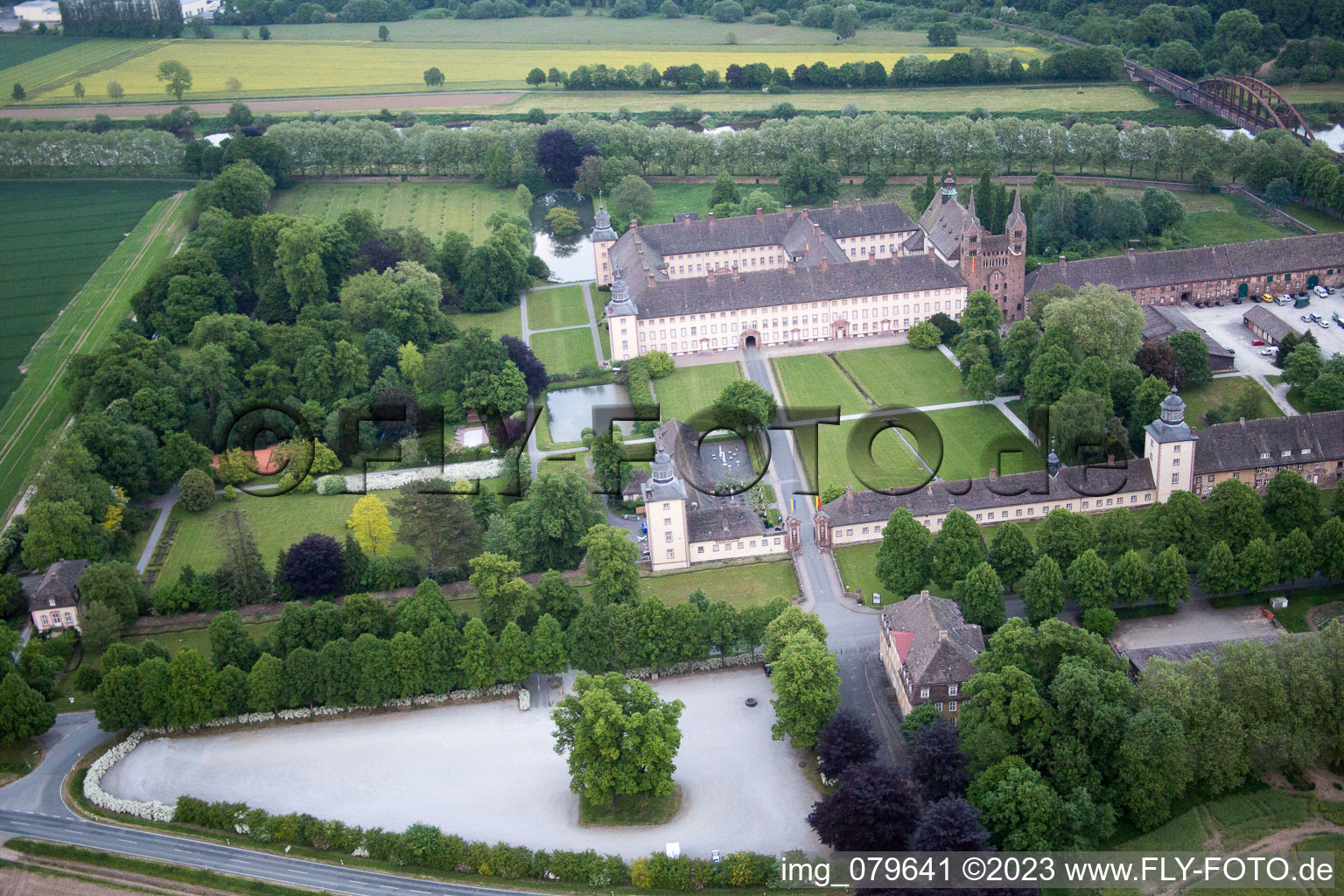 Aerial view of Corvey Castle in Höxter in the state North Rhine-Westphalia, Germany