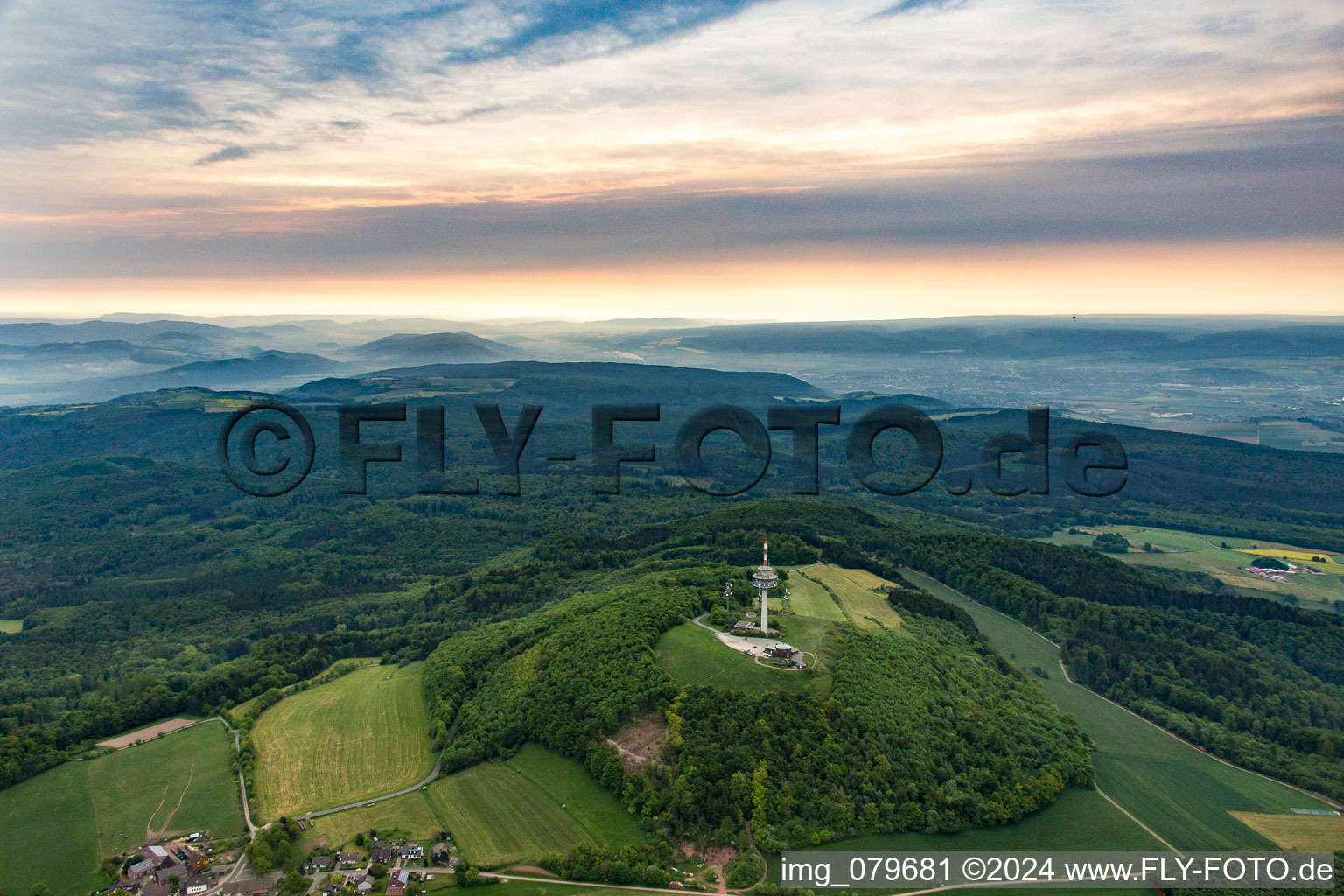 Telecommunications tower on the Köterberg at sunset in Polle in the state Lower Saxony, Germany