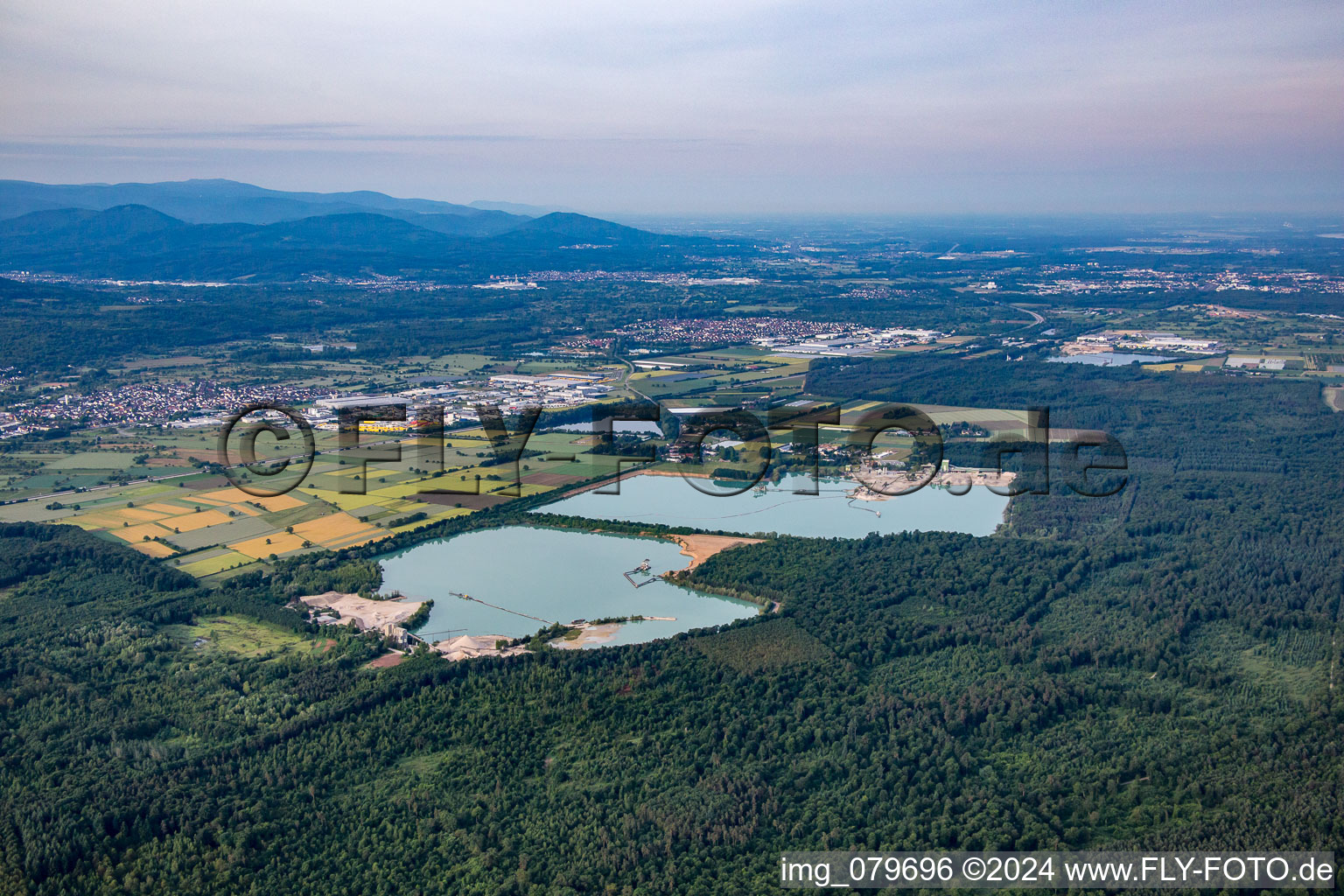 Gravel pit, quarry ponds from the northwest in Malsch in the state Baden-Wuerttemberg, Germany