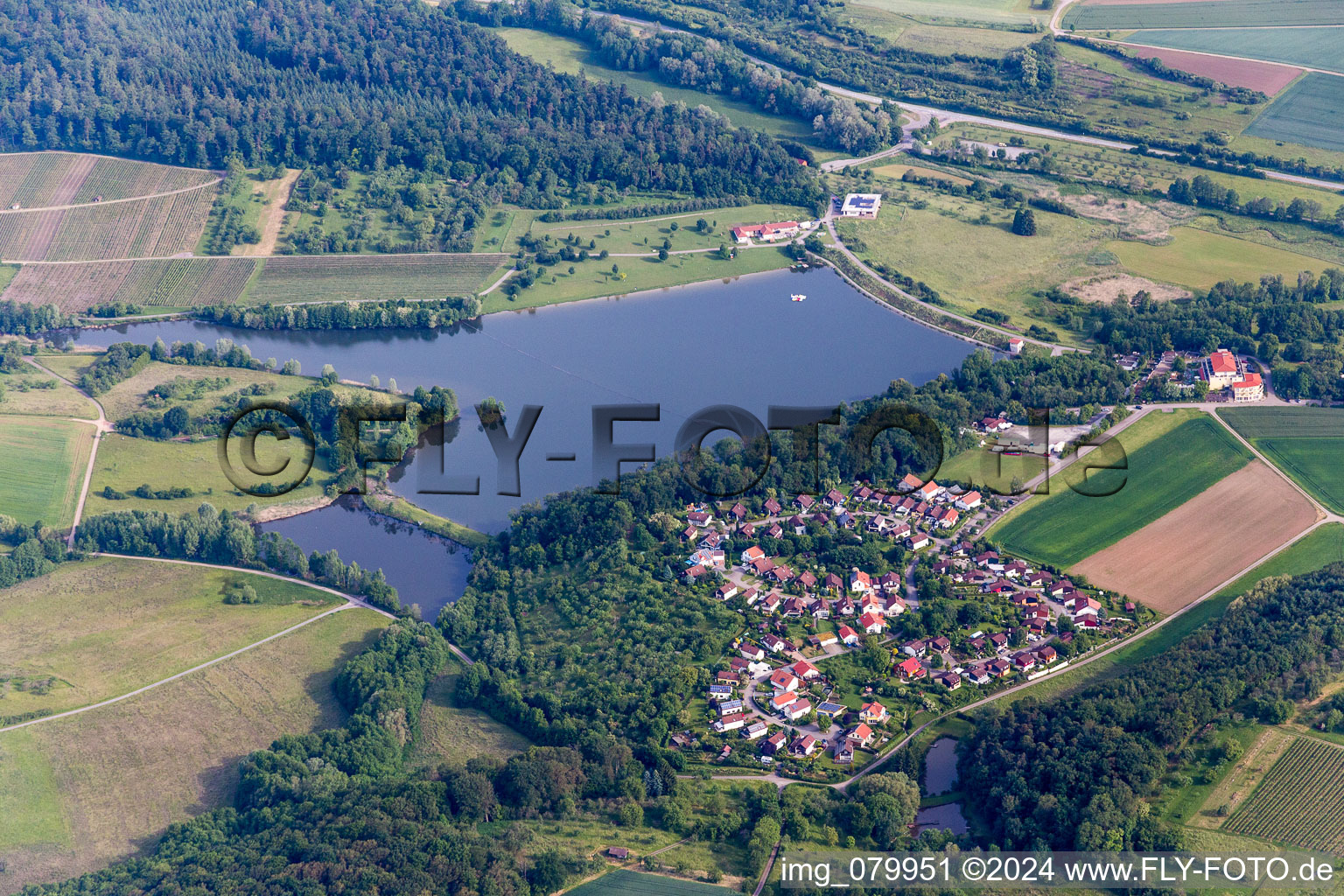 Riparian areas on the lake area of Emetsklinge with Hotel & Restaurant Seegasthof Zaberfeld in Zaberfeld in the state Baden-Wurttemberg, Germany