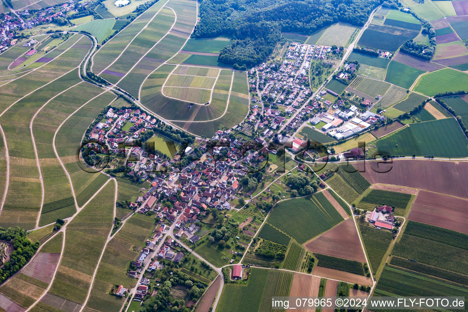 Village - view on the edge of agricultural fields and farmland in Stockheim in the state Baden-Wurttemberg, Germany