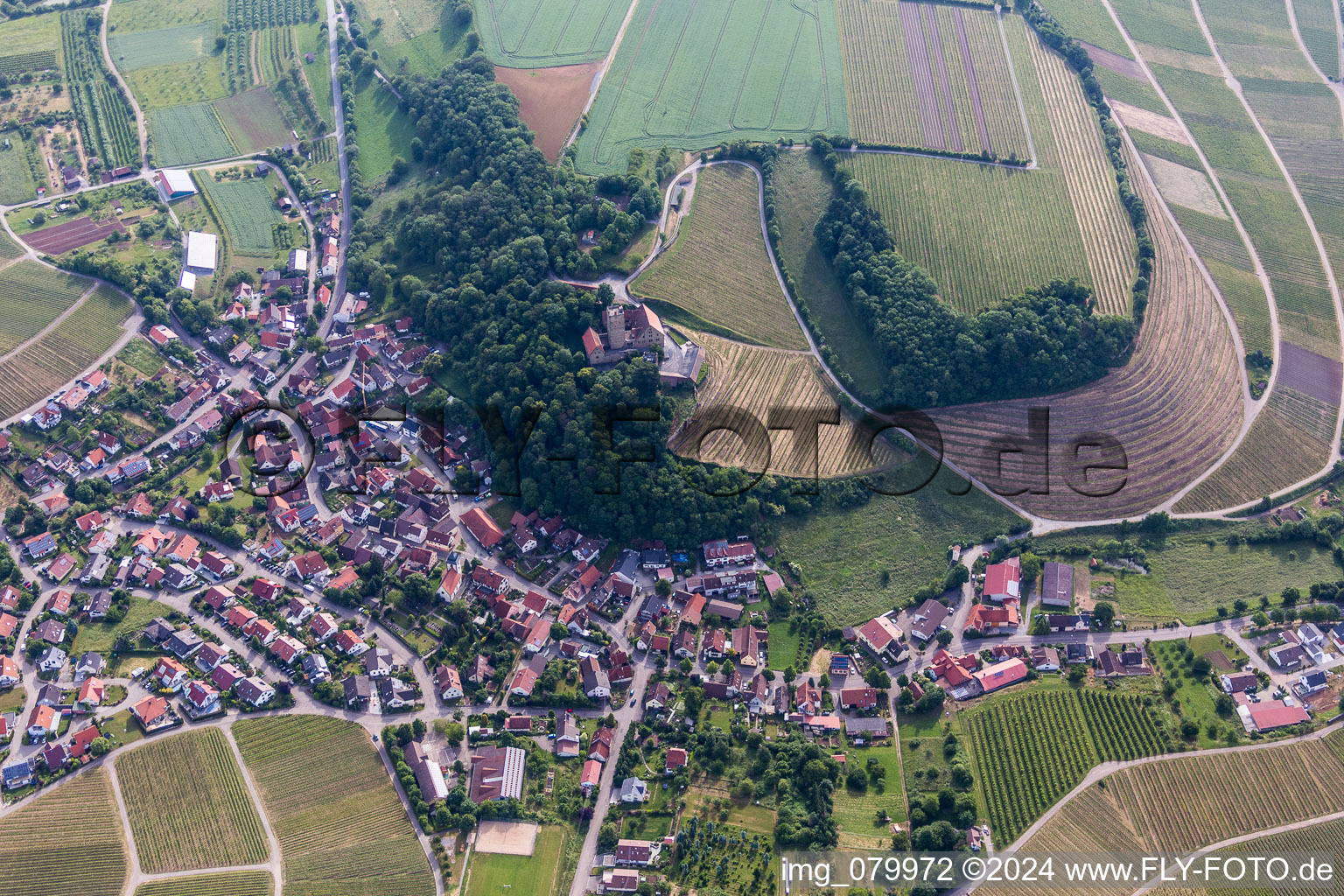 Aerial view of Village - view on the edge of agricultural fields and farmland in the district Neipperg in Brackenheim in the state Baden-Wurttemberg, Germany