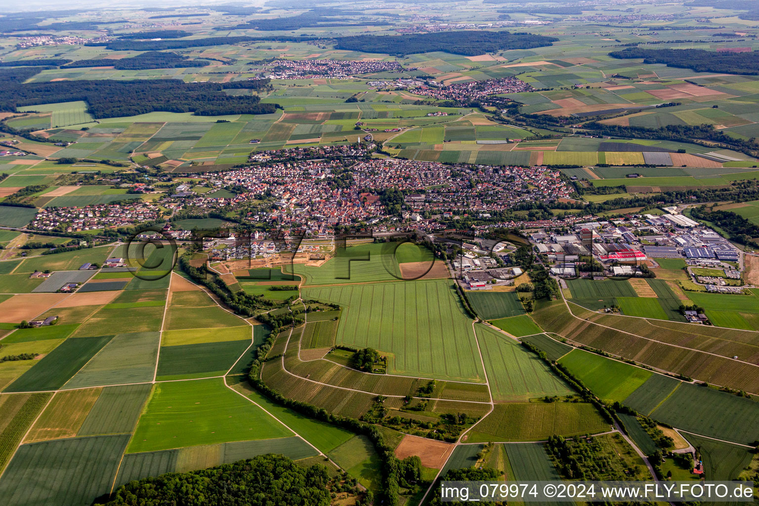 Aerial view of Town View of the streets and houses of the residential areas in Schwaigern in the state Baden-Wurttemberg, Germany